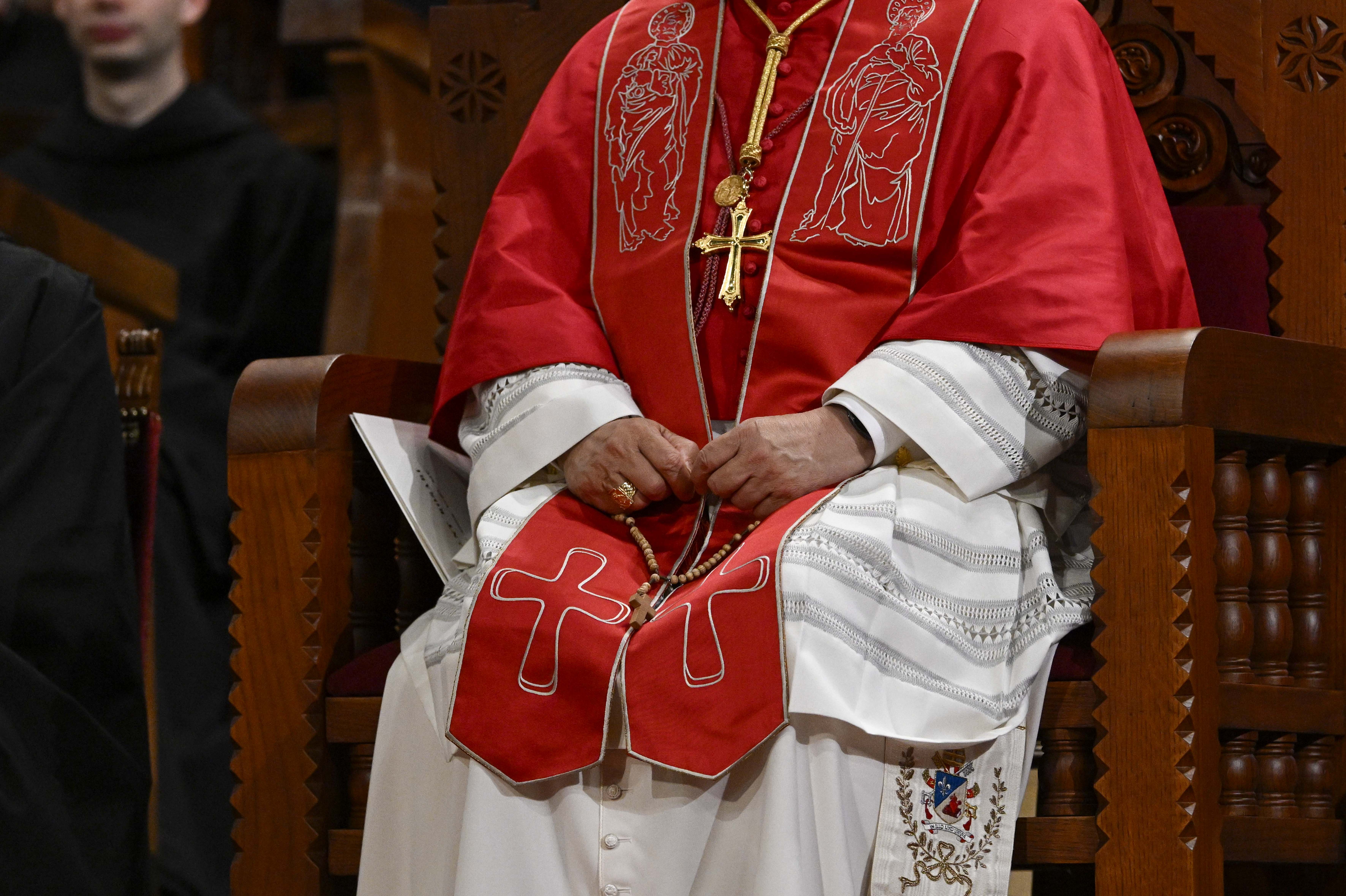 Pope Leo XIV prays with a simple, wooden rosary during a prayer at the Abbey of Our Lady of Montserrat, northwest of Barcelona, Spain, on June 10, 2026. The rosary belongs to Sergi, a young Catalan man who gave it to the pope to be blessed. | Credit: Vatican Media