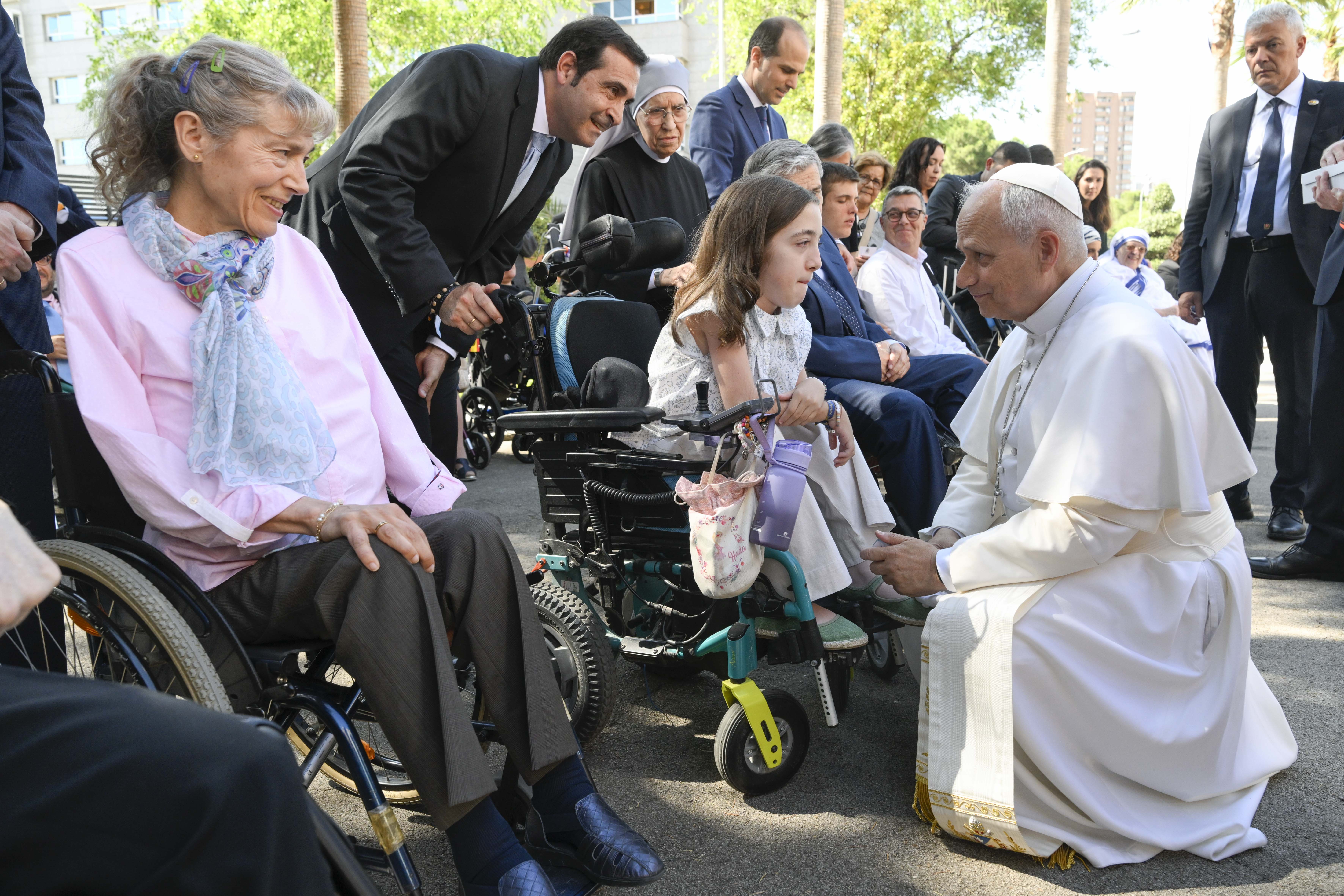 Pope Leo XIV greets a girl in a wheelchair during a meeting with a group of around 40 people with longterm illnesses or disabilities on June 6, 2026, at the nunciature in Madrid, Spain. | Credit: Vatican Media.
