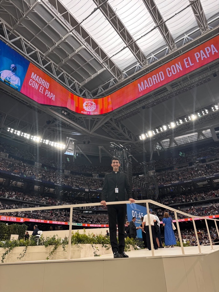 Father Antonio Sánchez at Bernabéu Stadium on June 8, 2026. | Credit: Courtesy of Father Antonio Sánchez.