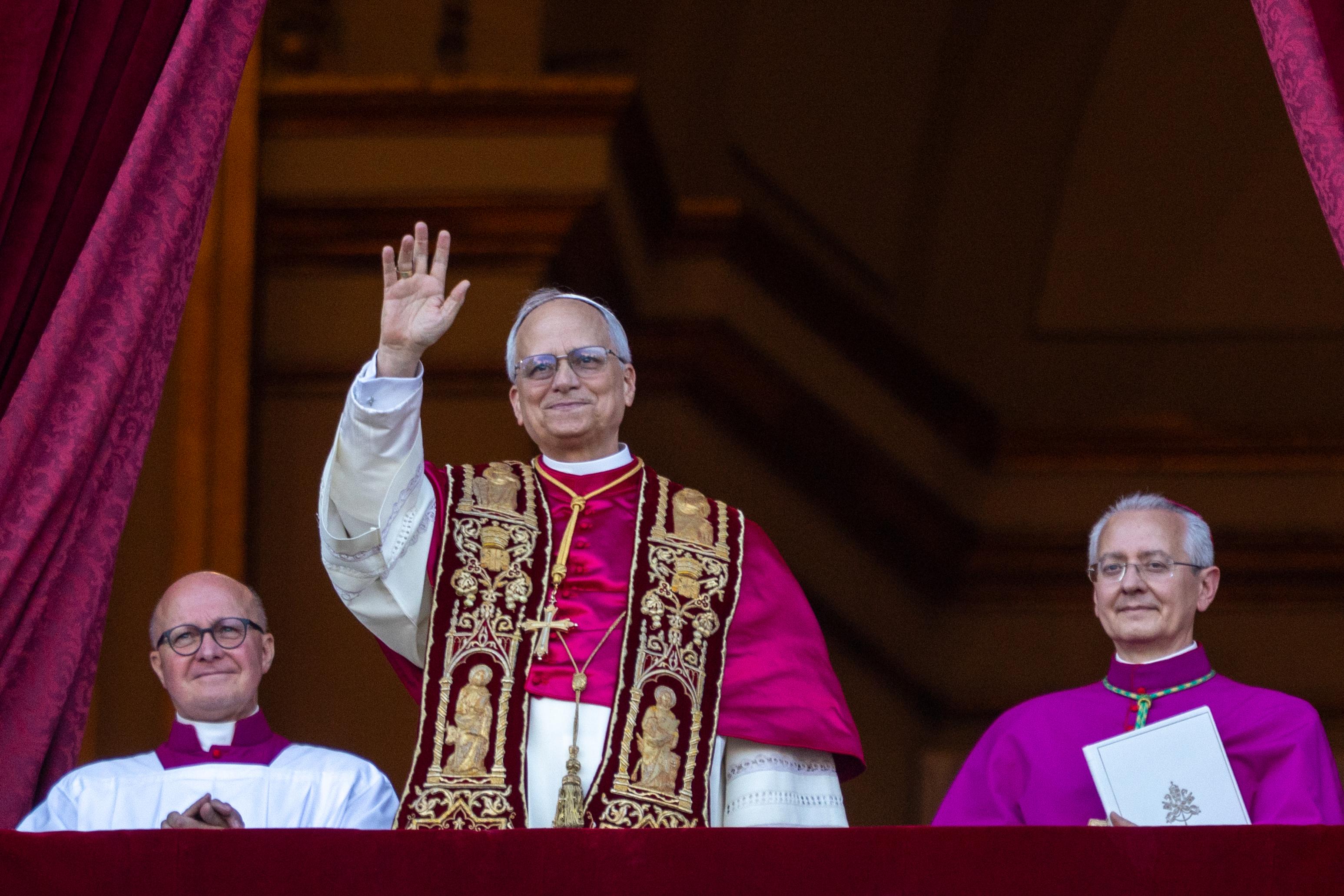 Pope Leo XIV waves to pilgrims in St. Peter’s Square shortly after his election on Thursday, May 8, 2025. | Credit: Daniel Ibáñez/EWTN News