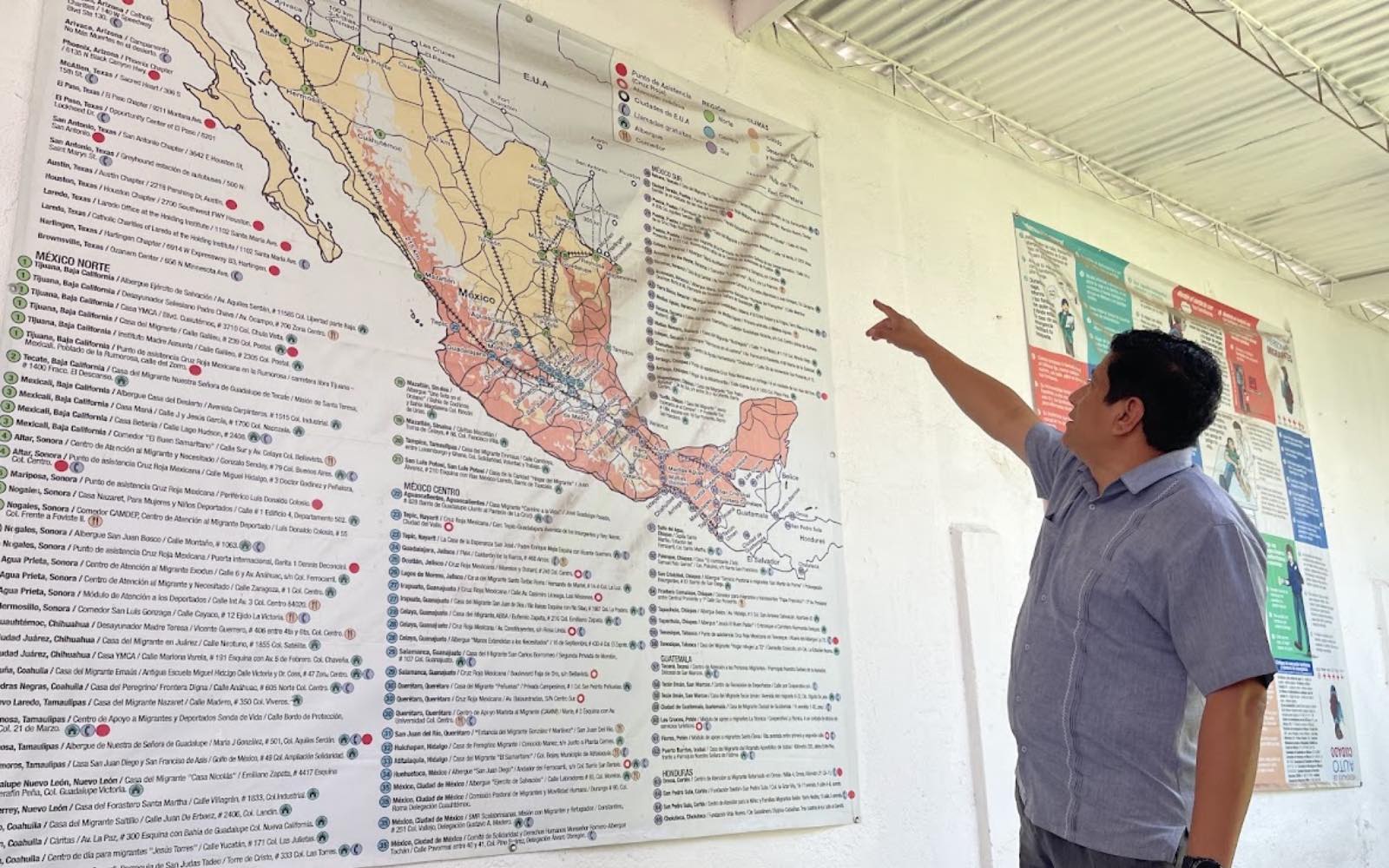 Father Alberto Vivar León shows a map of the migrant shelter network in Mexico during an interview with ACI Prensa in Puebla. | Credit: David Ramos/EWTN News