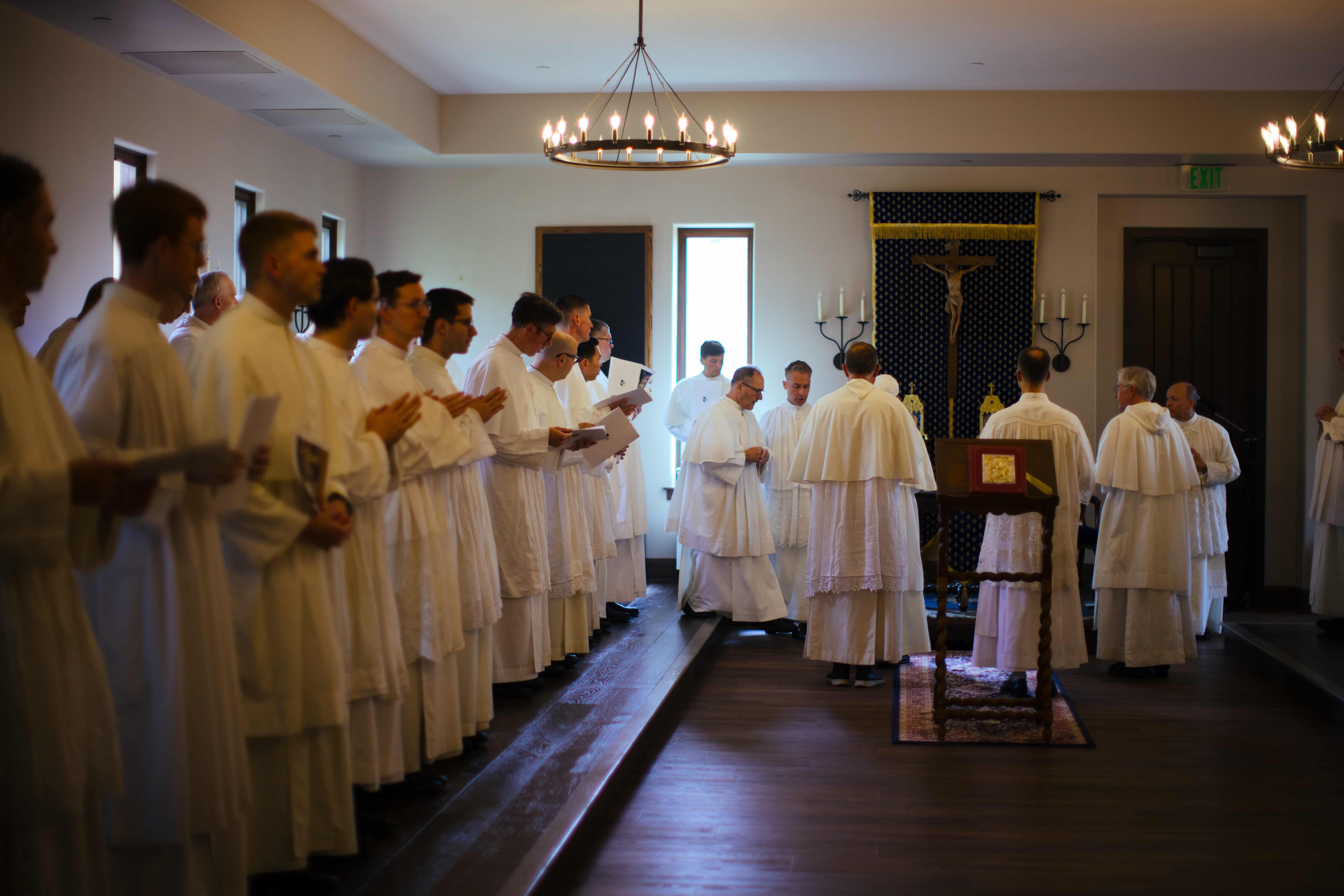 Members of the Norbertine community of St. Michael’s Abbey gather in the chapter room where they voted on a new abbot. | Credit: Photo courtesy of St. Michael’s Abbey