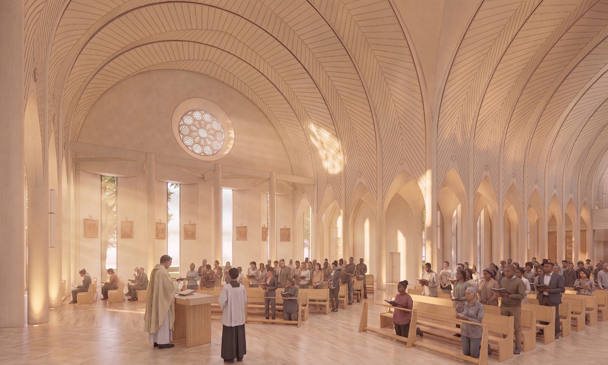 A rendering shows the interior of the planned Cathedral of the Blessed Sacrament in Christchurch, New Zealand, unveiled on July 26, 2026. | Credit: Warren and Mahoney/Catholic Diocese of Christchurch