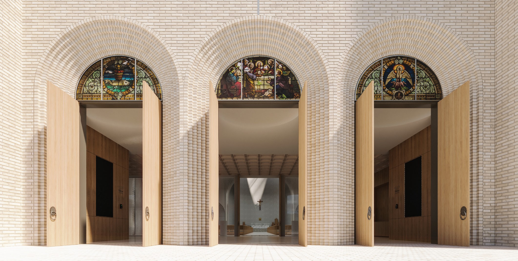 A rendering shows the entrance of the planned Cathedral of the Blessed Sacrament in Christchurch, New Zealand, featuring stained-glass windows salvaged from the original cathedral, unveiled on July 26, 2026. | Credit: Warren and Mahoney/Catholic Diocese of Christchurch