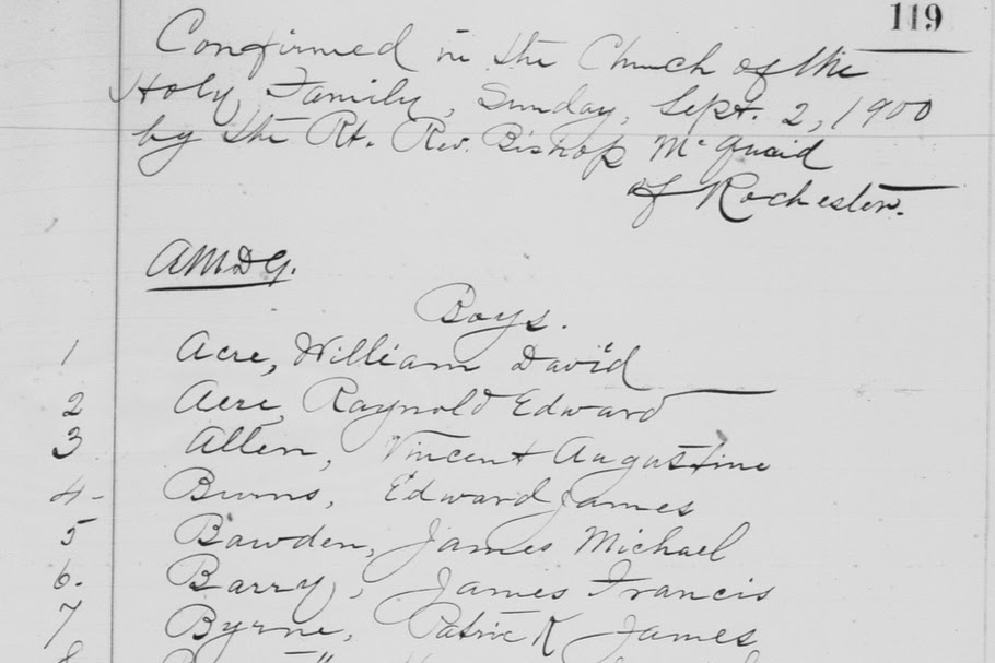 A record from Holy Family Church shows the Sept. 2, 1900, date of Bishop Patrick Byrne’s confirmation. | Credit: Courtesy of H.O.P.E.