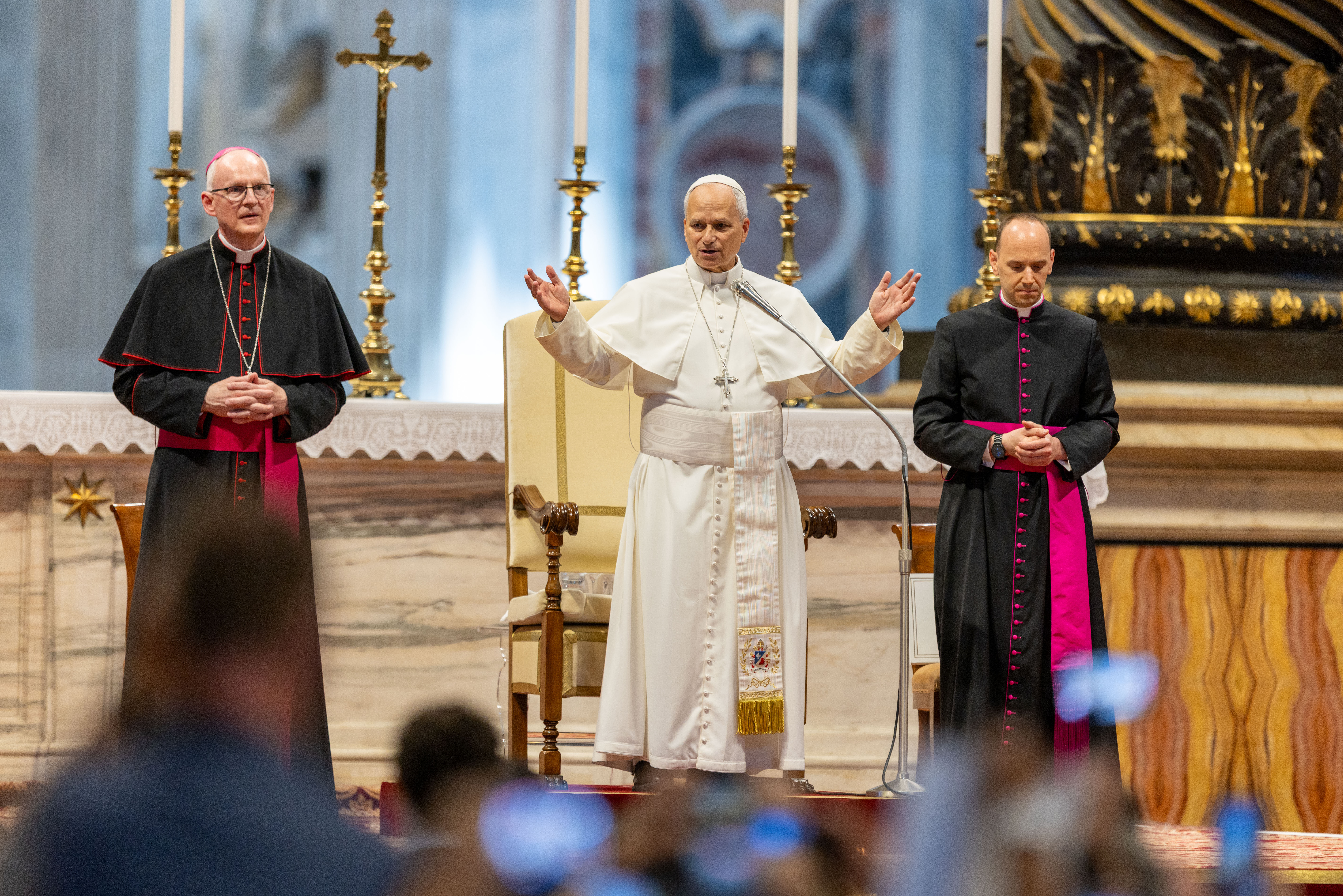 Pope Leo XIV addresses pilgrims during his general audience on Wednesday, Aug. 5, 2026, in St. Peter’s Basilica. | Credit: Daniel Ibañez/EWTN News