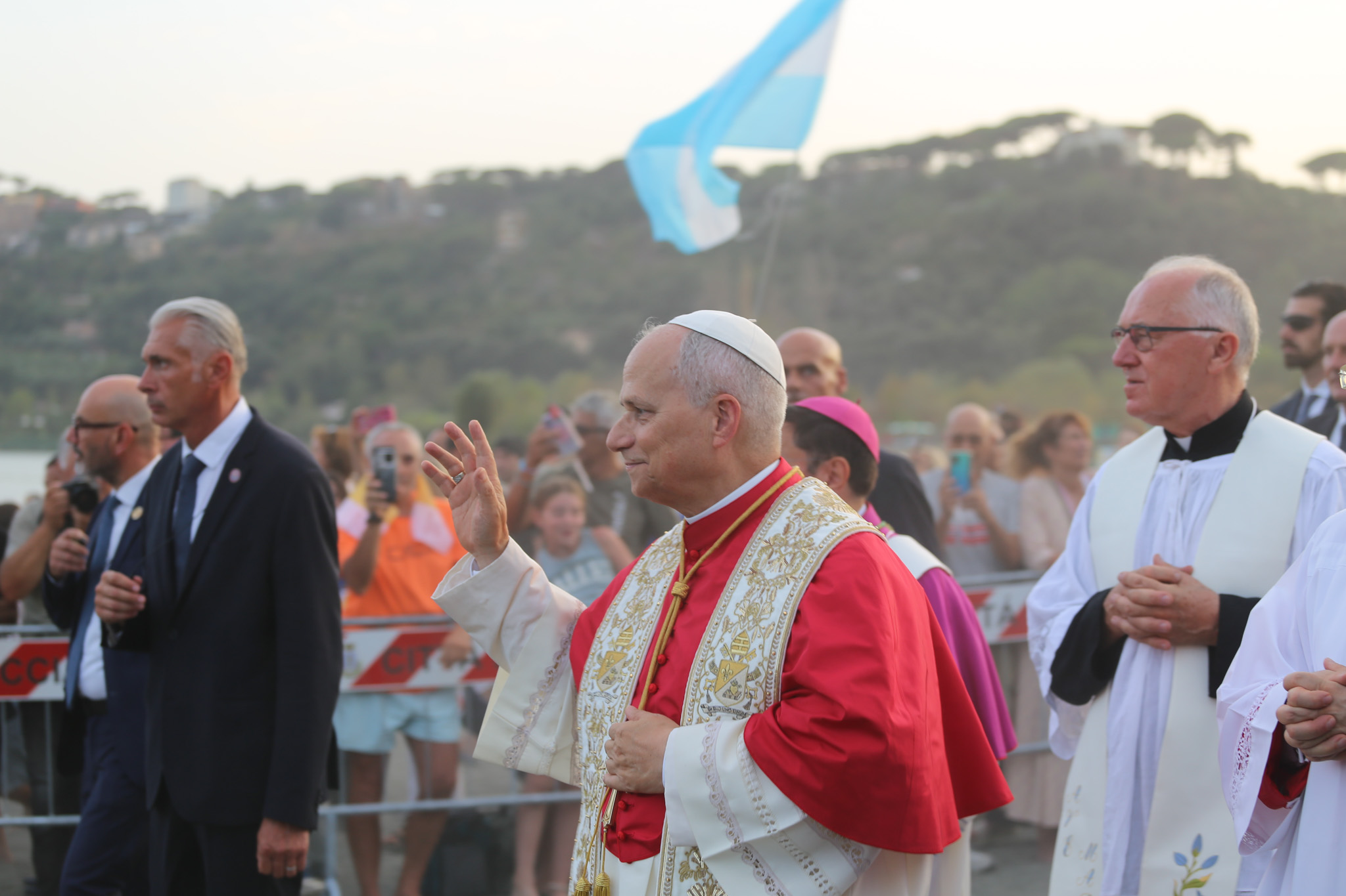 Pope Leo XIV greets pilgrims at Lake Albano, Castel Gandolfo, Aug. 29, 2026. Leo took part in a Marian procession on the lake, becoming the first pope to travel by boat across the waters there according to the Vatican. | Credit: Zofia Czubak/EWTN News