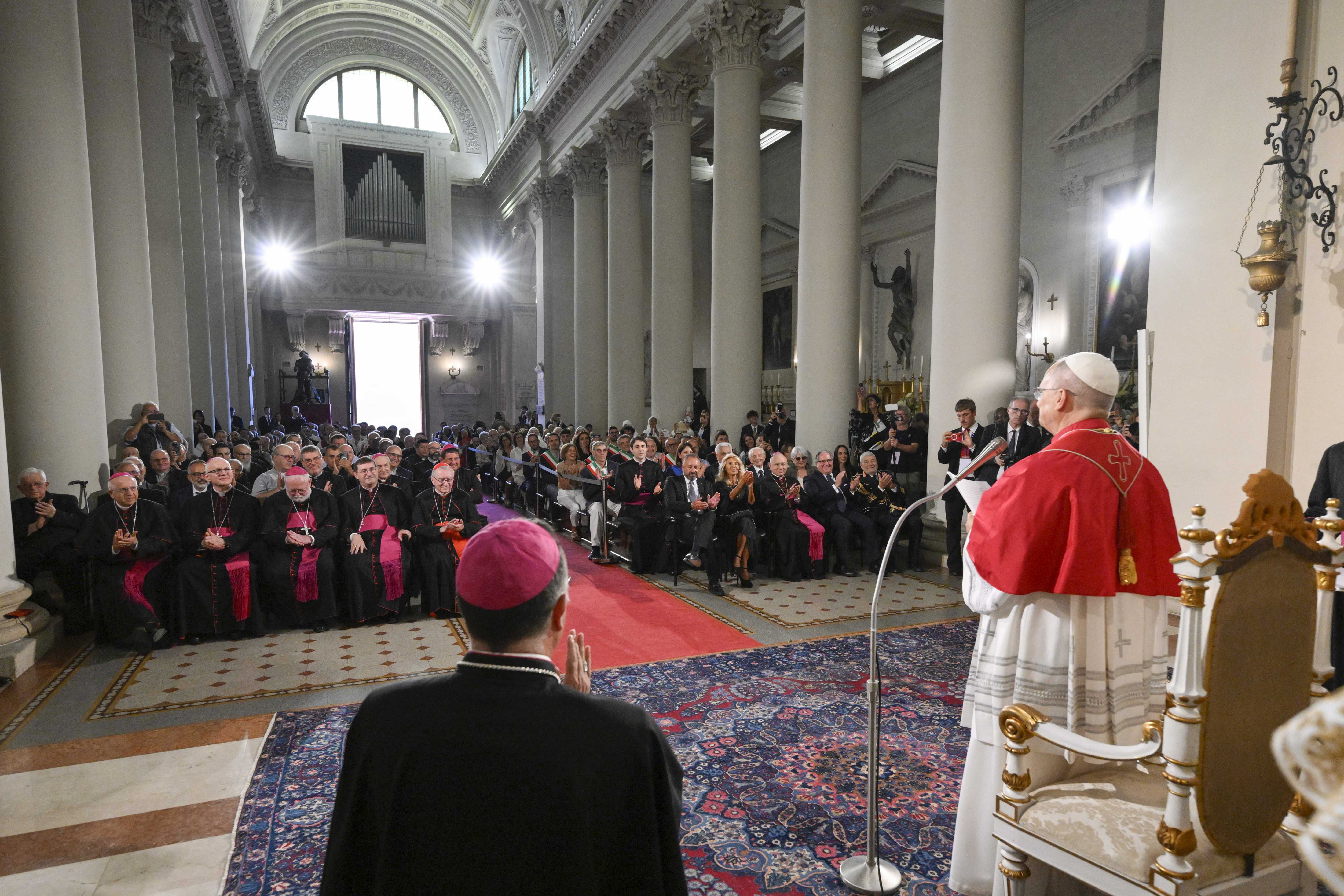 Pope Leo XIV speaks to pilgrims at the Basilica di San Marino, Aug. 22, 2026. | Credit: Vatican Media
