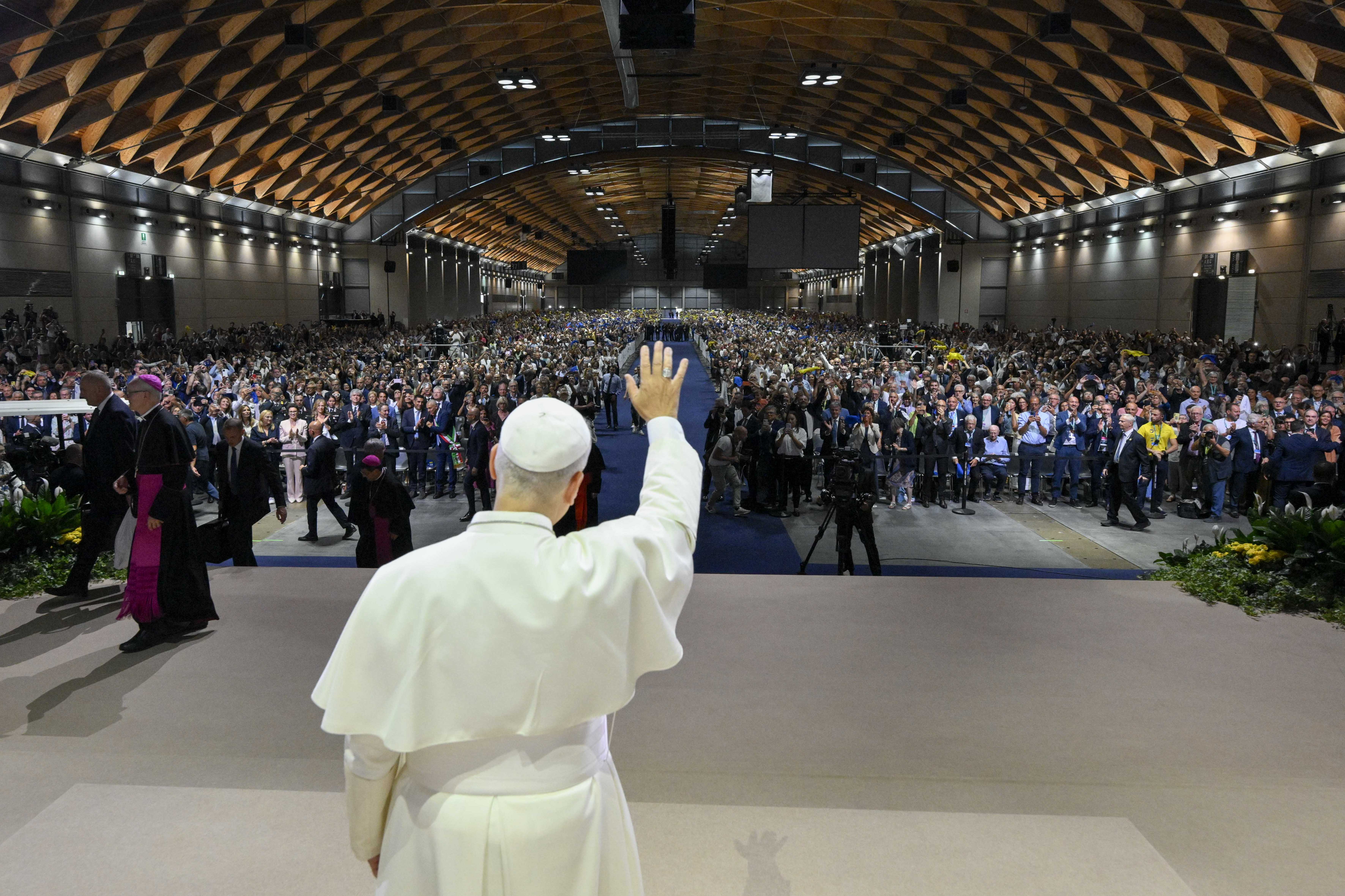 Pope Leo XIV greets the 47th Meeting for Friendship among the Peoples in Rimini, Italy, Aug. 22, 2026. | Credit: Vatican Media