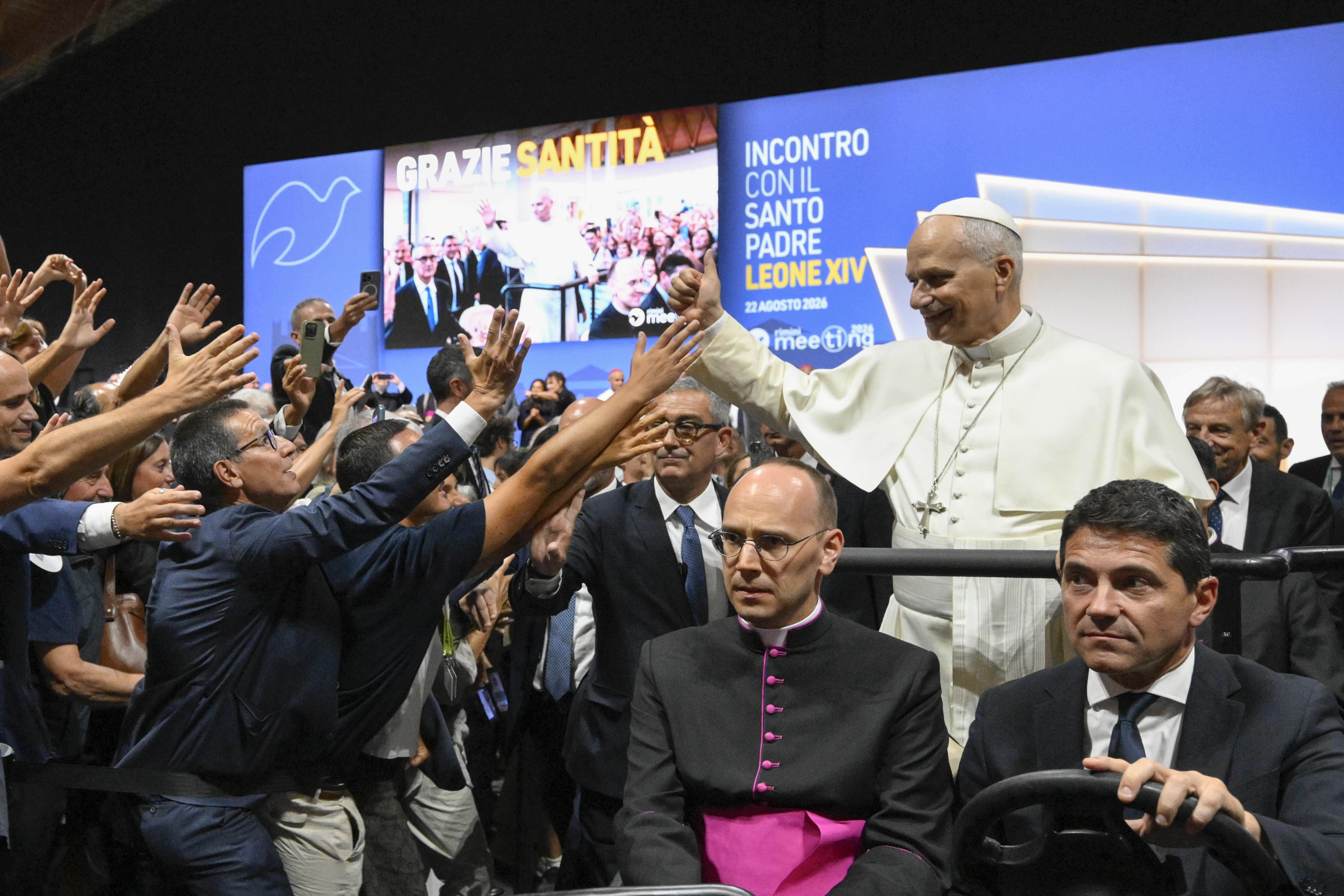 Pope Leo XIV greets attendees at the 47th Meeting for Friendship Among the Peoples in Rimini, Italy, Aug. 22, 2026. | Credit: Vatican Media