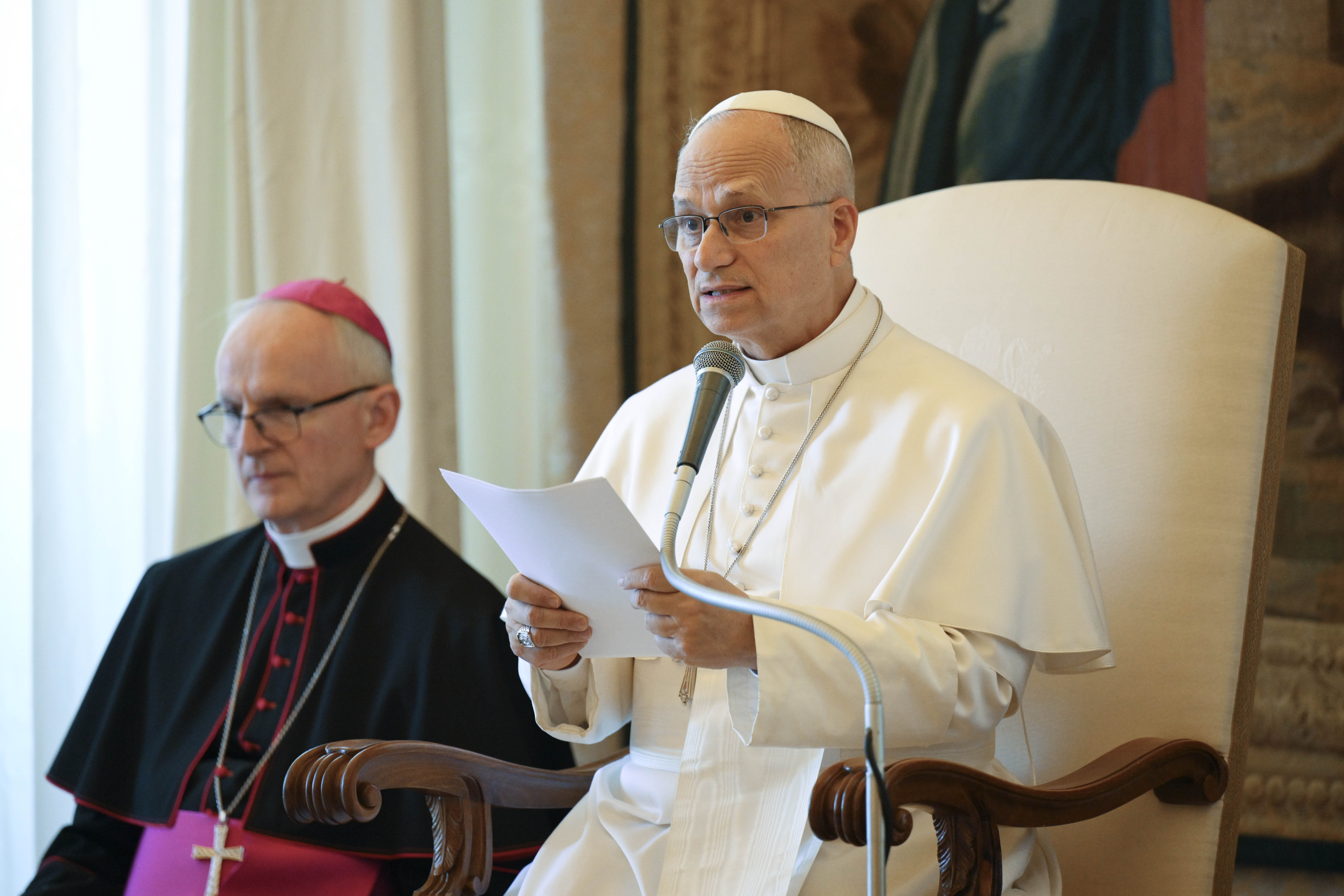 Pope Leo XIV delivers remarks during a private audience with a delegation from the International Military Ordinariate of Portugal at the Apostolic Palace in the Vatican on Aug. 24, 2026. | Credit: Vatican Media
