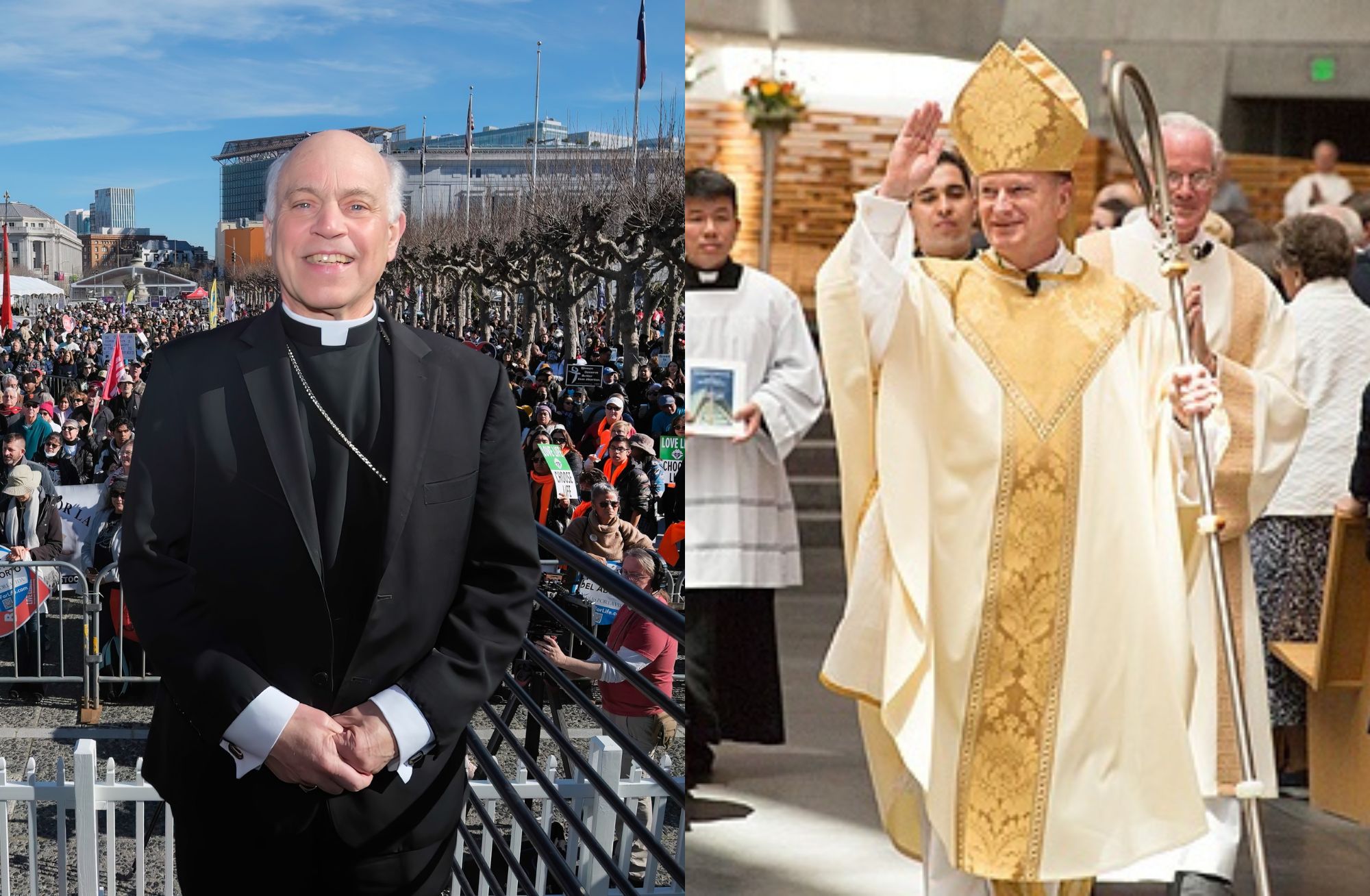 Archbishop Salvatore Cordileone, left, at the California Walk for Life; Bishop Michael Barber of Oakland at his appointment as bishop. | Credit: Jim Graves; photo courtesy of the Catholic Voice