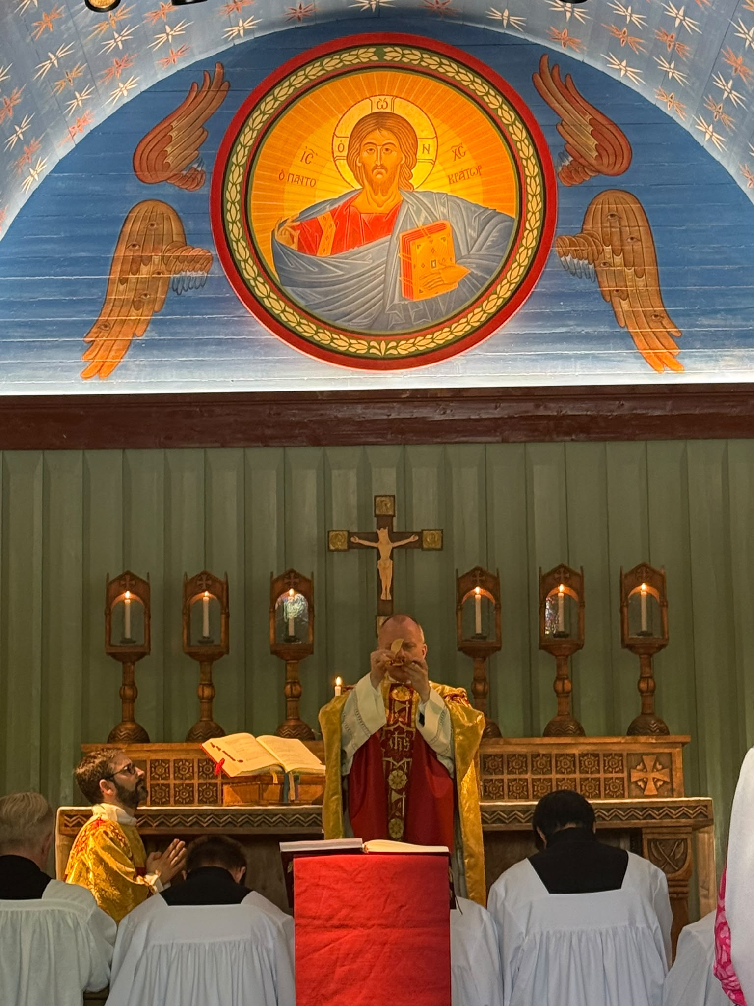 Bishop Erik Varden celebrates Mass in the chapel at Stiklestad, Norway, beneath a Christ Pantocrator icon on July 29, 2026. | Credit: Pål Johannes Nes