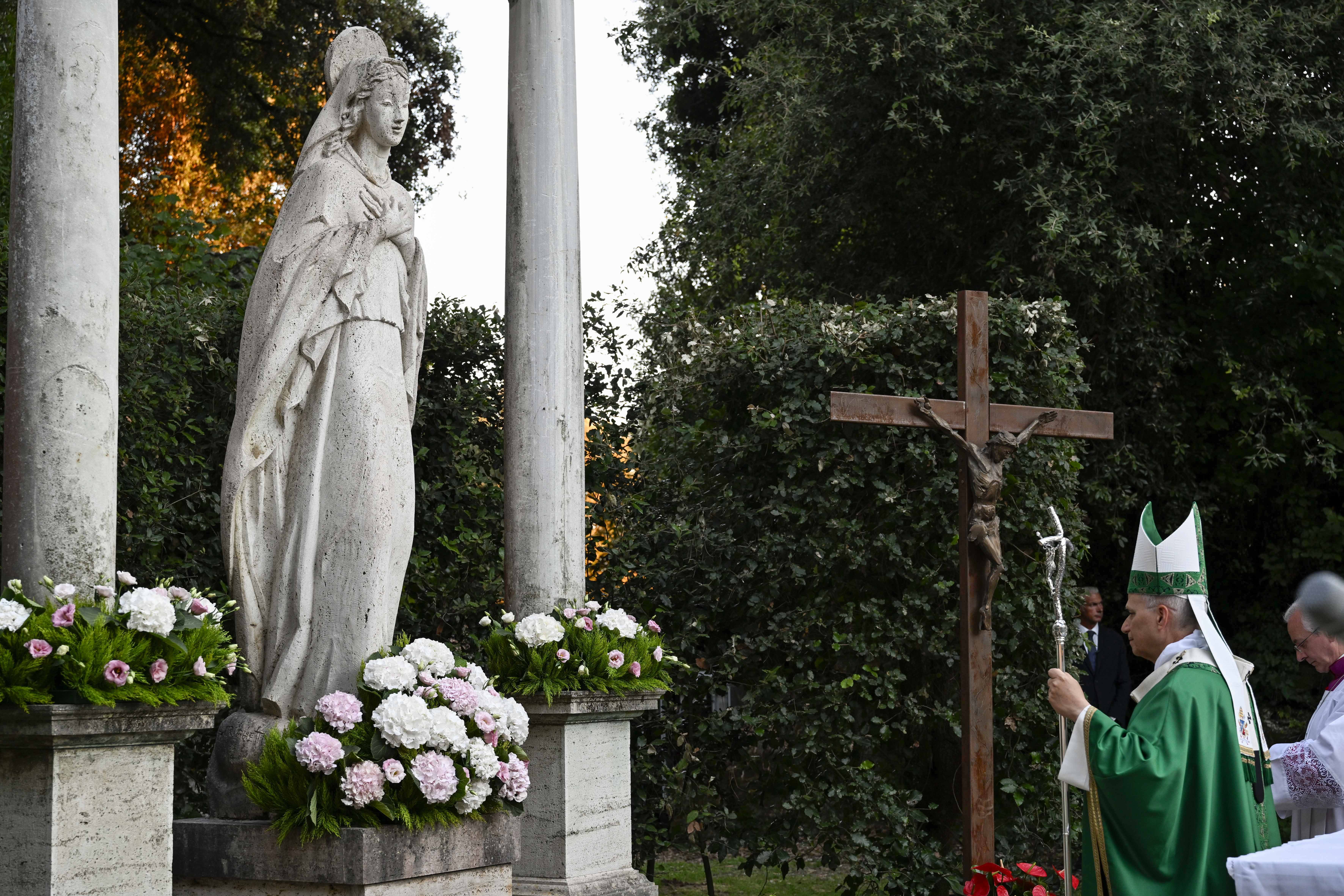 Pope Leo XIV prays at the Mass for the World Day of Prayer for the Care of Creation on Sept. 1, 2026, in the Madonnina Garden of the Borgo Laudato Si’ within the pontifical gardens of Castel Gandolfo. | Credit: Vatican Media