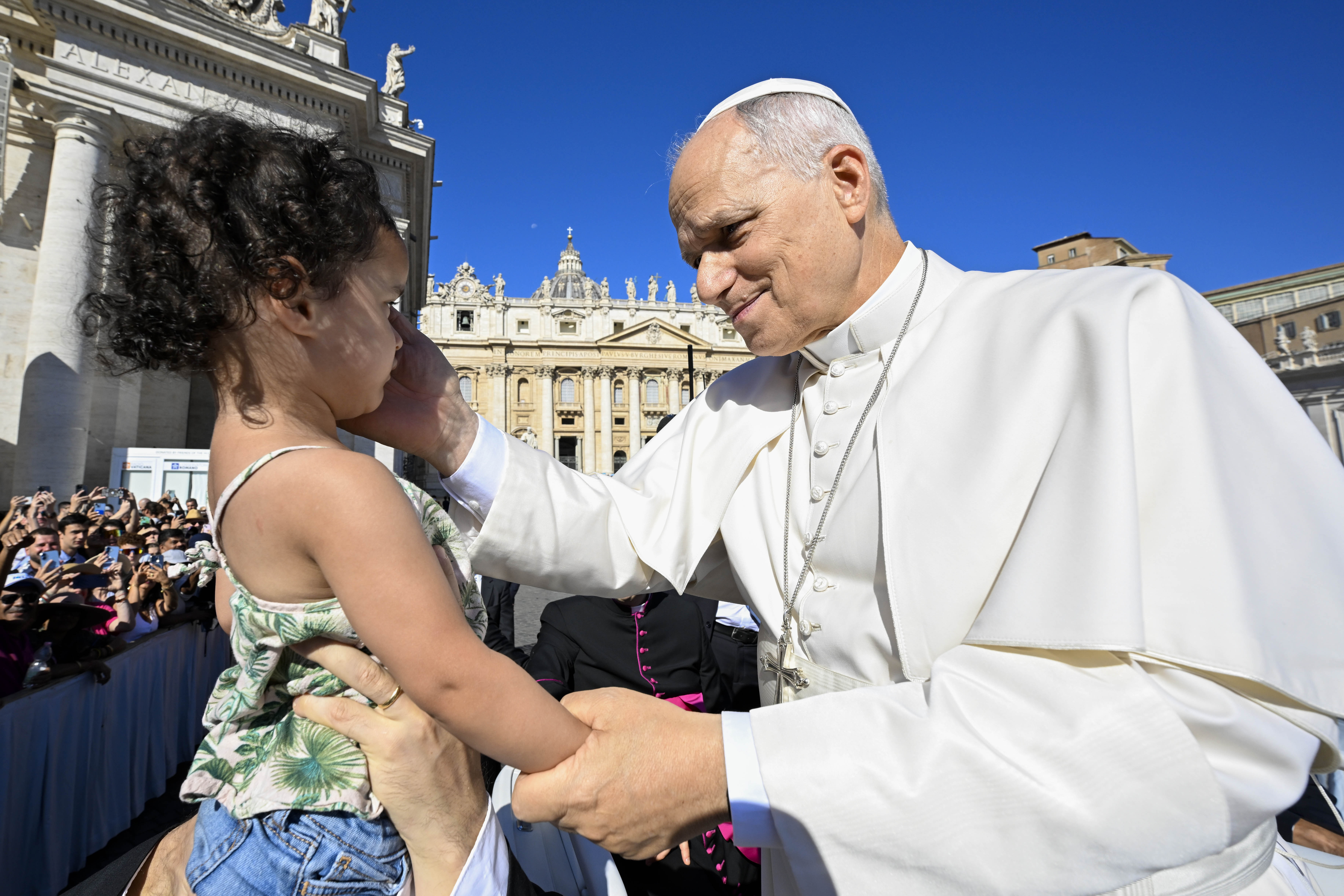 Pope Leo XIV blesses a young girl at the start of his weekly general audience in St. Peter’s Square on Sept. 2, 2026. | Credit: Vatican Media