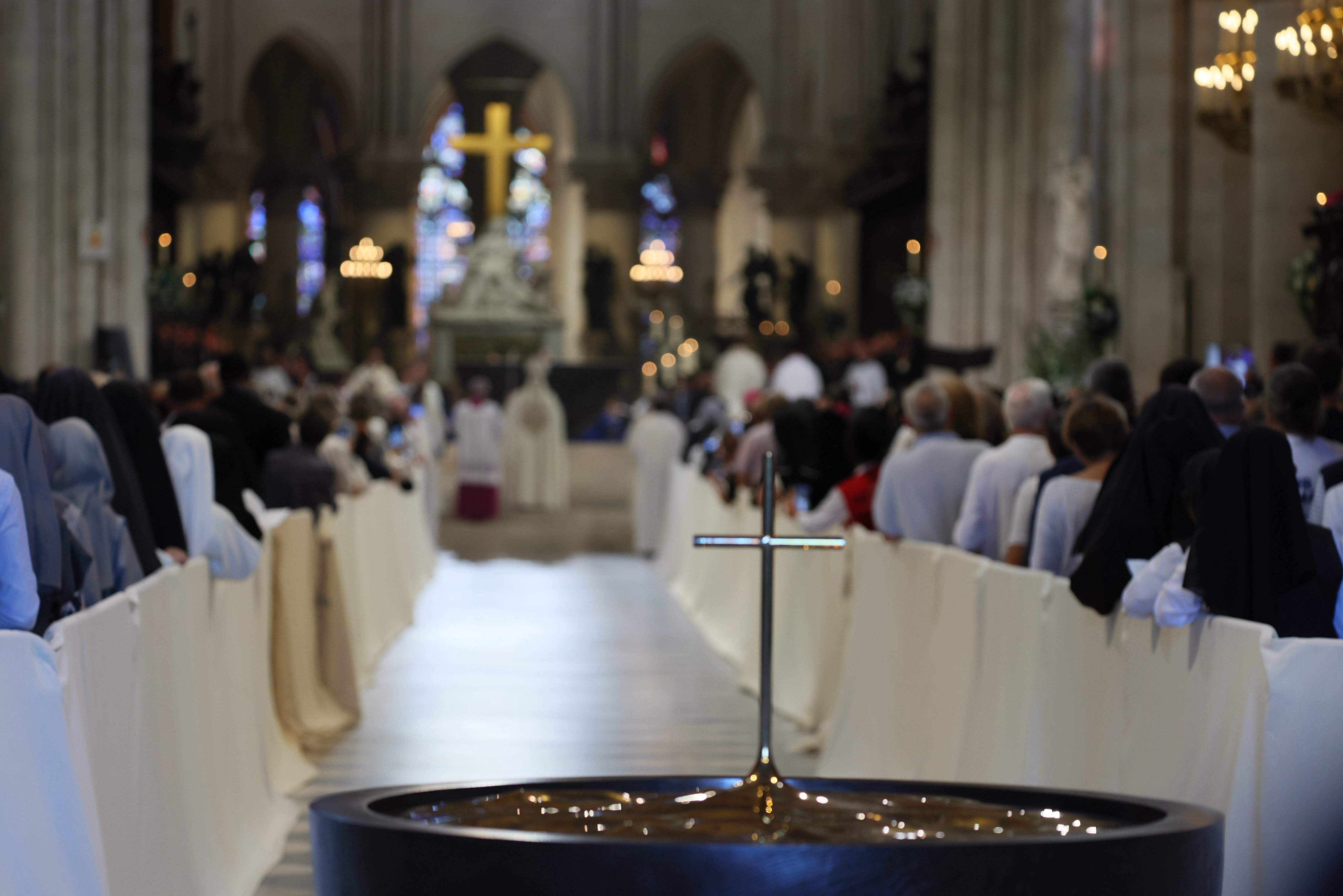 Seven years after a devastating fire nearly destroyed Notre-Dame Cathedral, Pope Leo XIV enters the restored cathedral Sept. 25, 2026 and celebrates Vespers in the first papal visit  since the 2019 blaze.| Credit: Daniel Ibáñez/EWTN News
