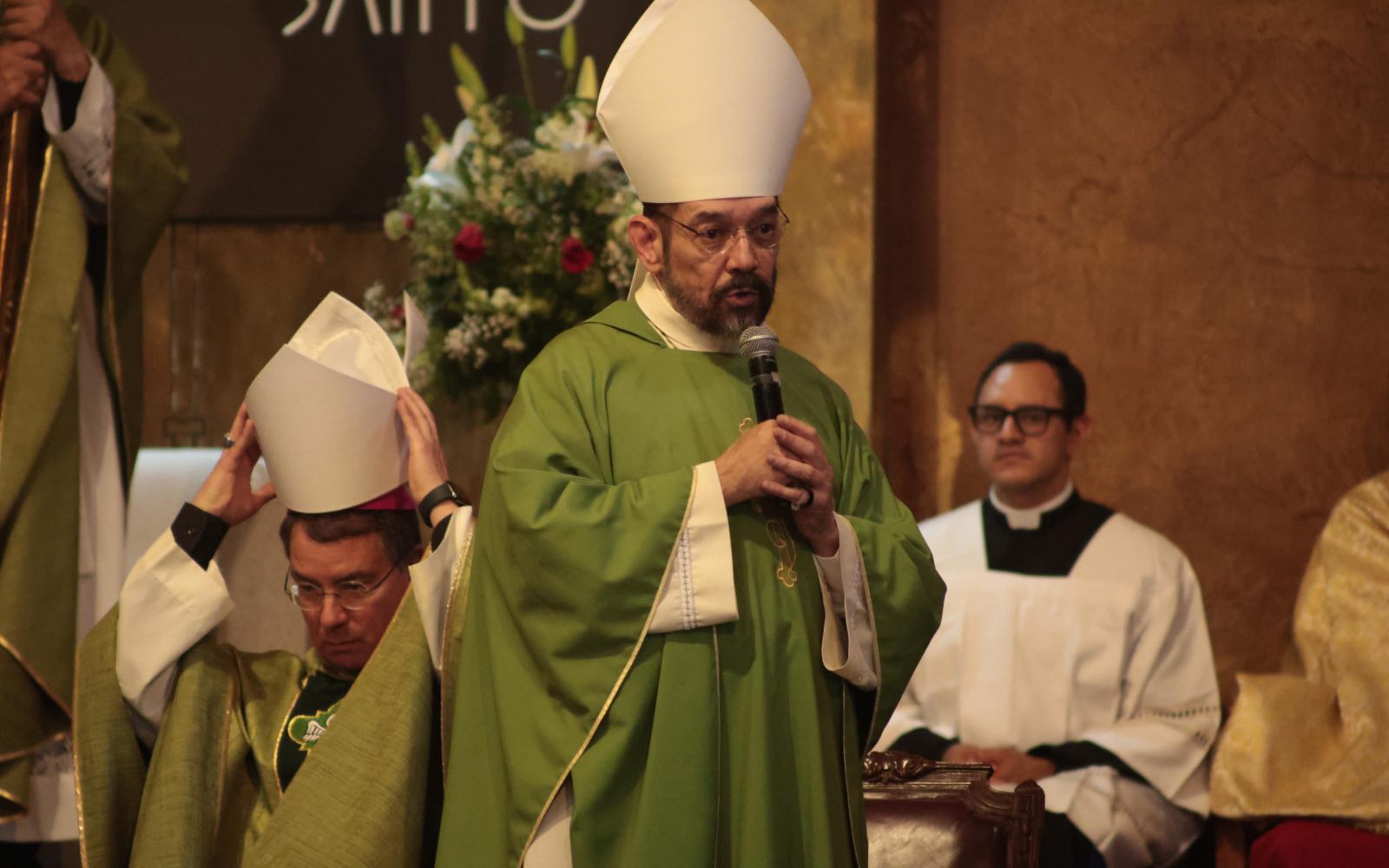 Bishop Daniel Flores of Brownsville, Texas, addresses the congregation at the conclusion of the Mass at Cuernavaca Cathedral on Aug. 30, 2026. | Credit: Photo courtesy of the Diocese of Cuernavaca