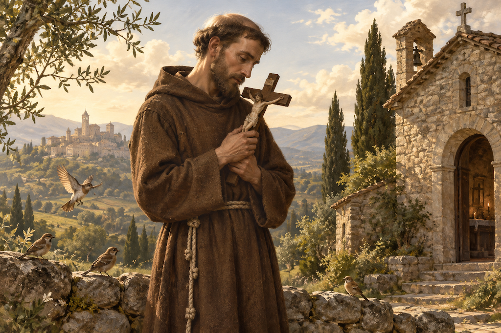 Devotional illustration of Saint Francis holding a crucifix beside a stone chapel in an Umbrian landscape.