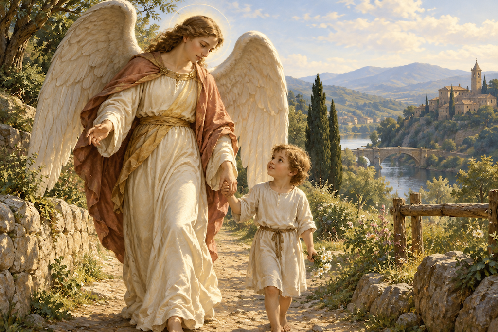 Traditional devotional illustration of a guardian angel accompanying a child along a country path.