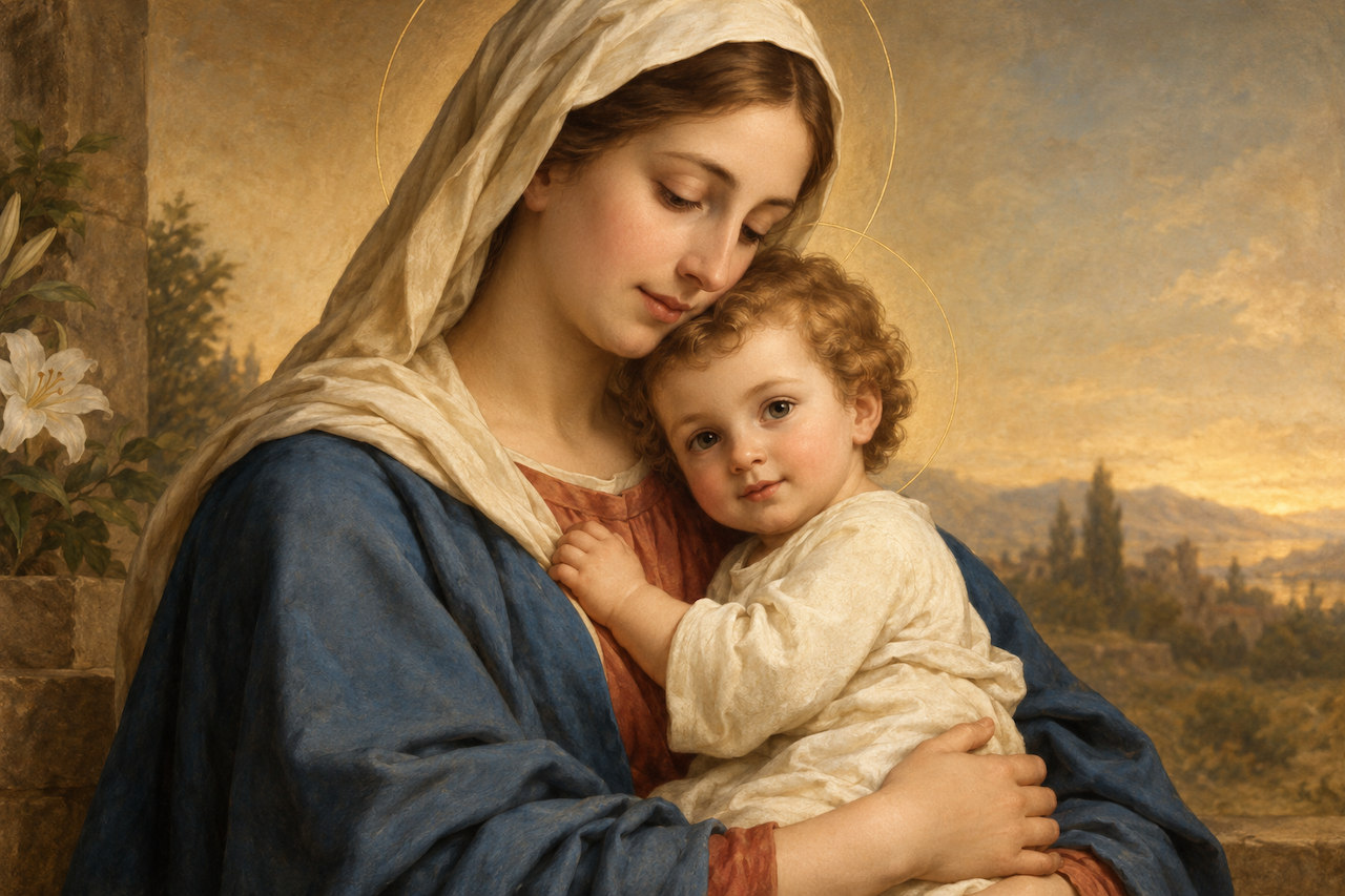 Devotional illustration of the Virgin Mary in a blue mantle holding the child Jesus.