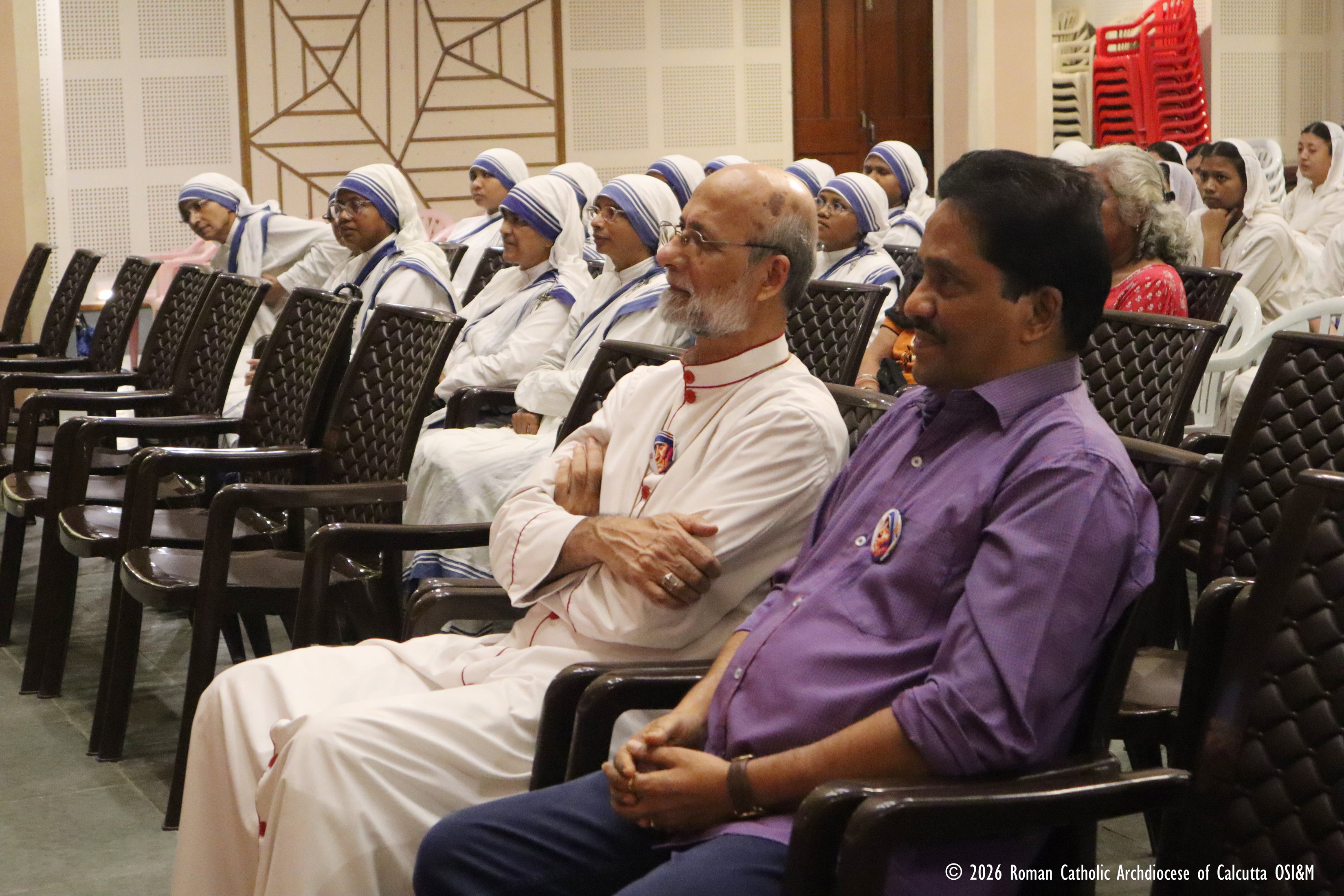 Archbishop Elias Frank of Kolkata sits beside journalist and author Anto Akkara during the premiere of the new documentary “Mother Teresa – Prophet of Compassion,” at the Auditorium of St Xavier’s College on Sept. 5, 2026. | Credit: Farrell Shah, Communications Director, Calcutta Archdiocese