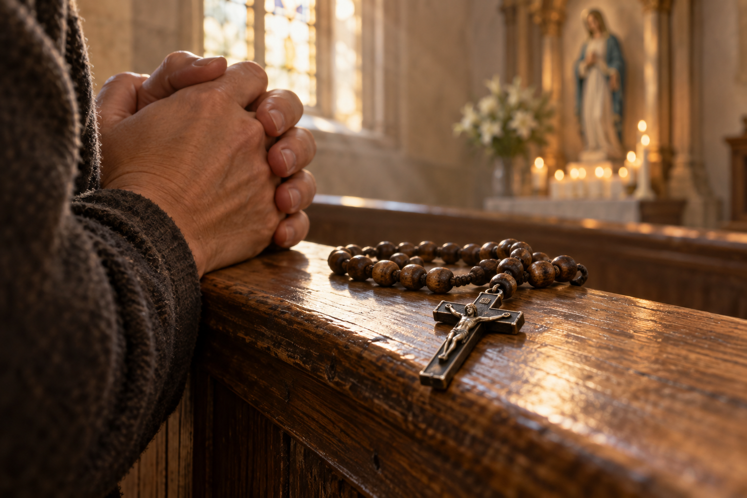 Hands folded in prayer beside wooden rosary beads and a crucifix in a sunlit church
