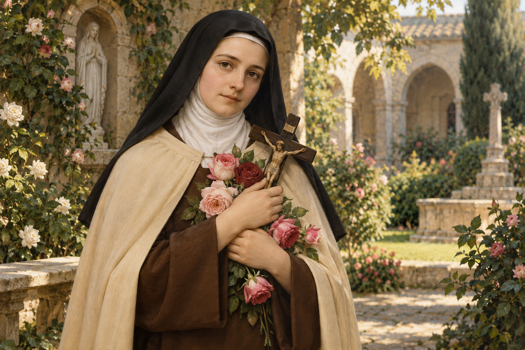 Devotional portrait of Saint Thérèse of Lisieux in a Carmelite habit holding roses and a crucifix.