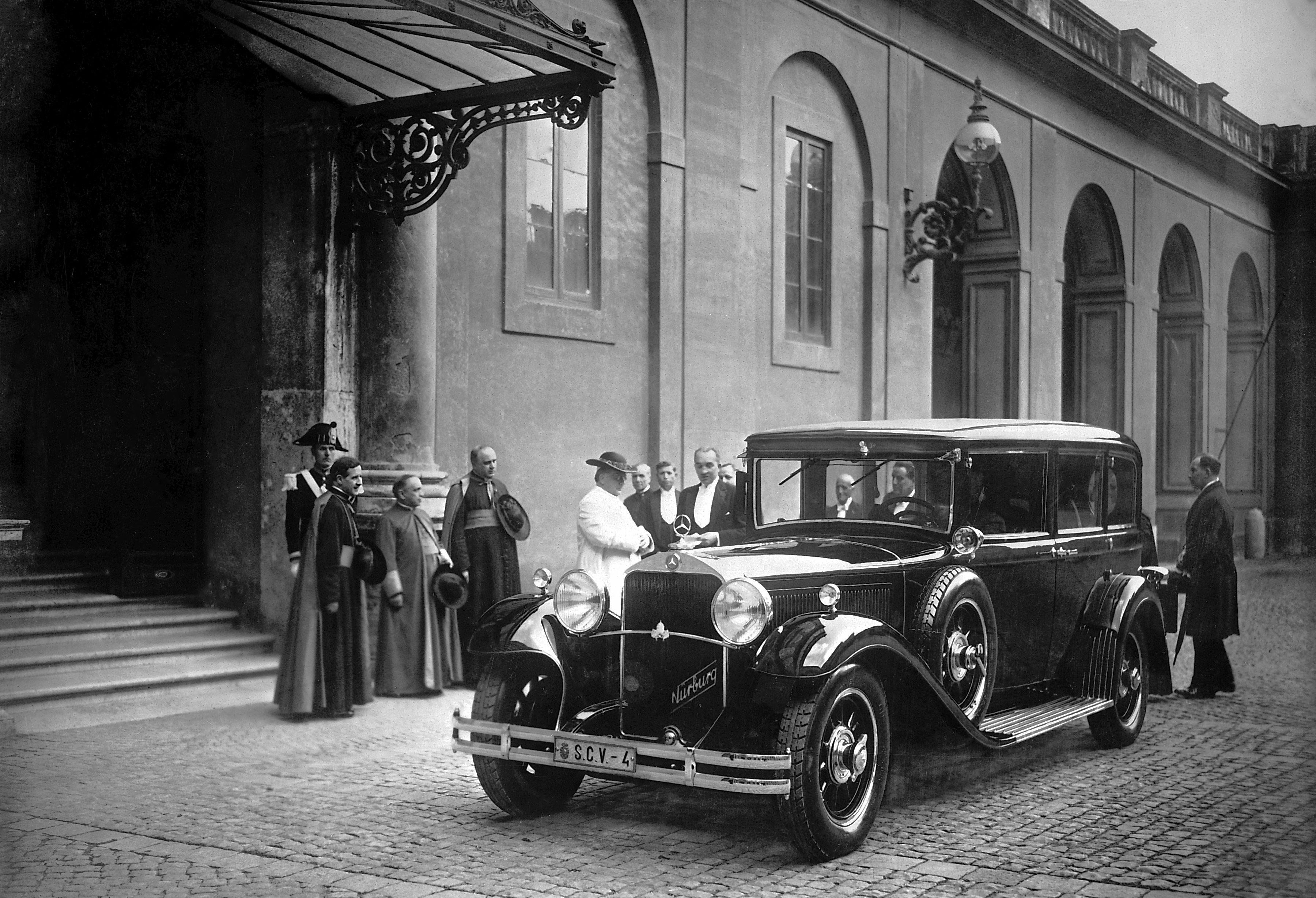 Pope Pius XI used the Nürburg 460 Pullman, made by Mercedes-Benz, as the first official automobile to transport the pope. | Credit: Photo courtesy of the Vatican Museums