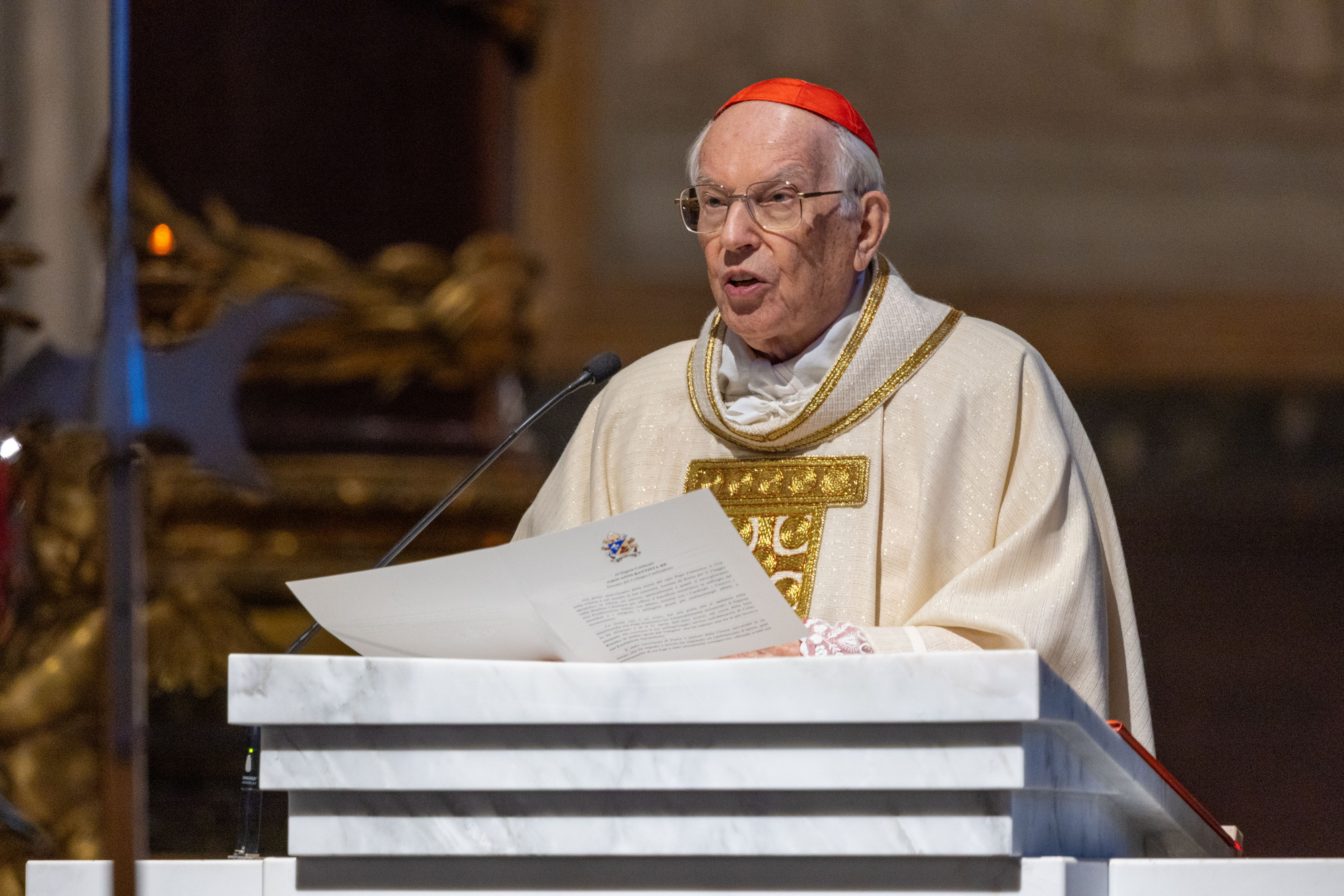 Cardinal Giovanni Battista Re, dean of the College of Cardinals, preaches at Mass for the first anniversary of the death of Pope Francis at the Basilica of Saint Mary Major in Rome on April 21, 2026. | Credit: Daniel Ibáñez/EWTN News