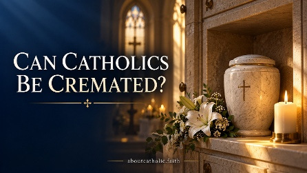 Devotional illustration of a closed urn with a cross in a columbarium niche, with the title Can Catholics Be Cremated?