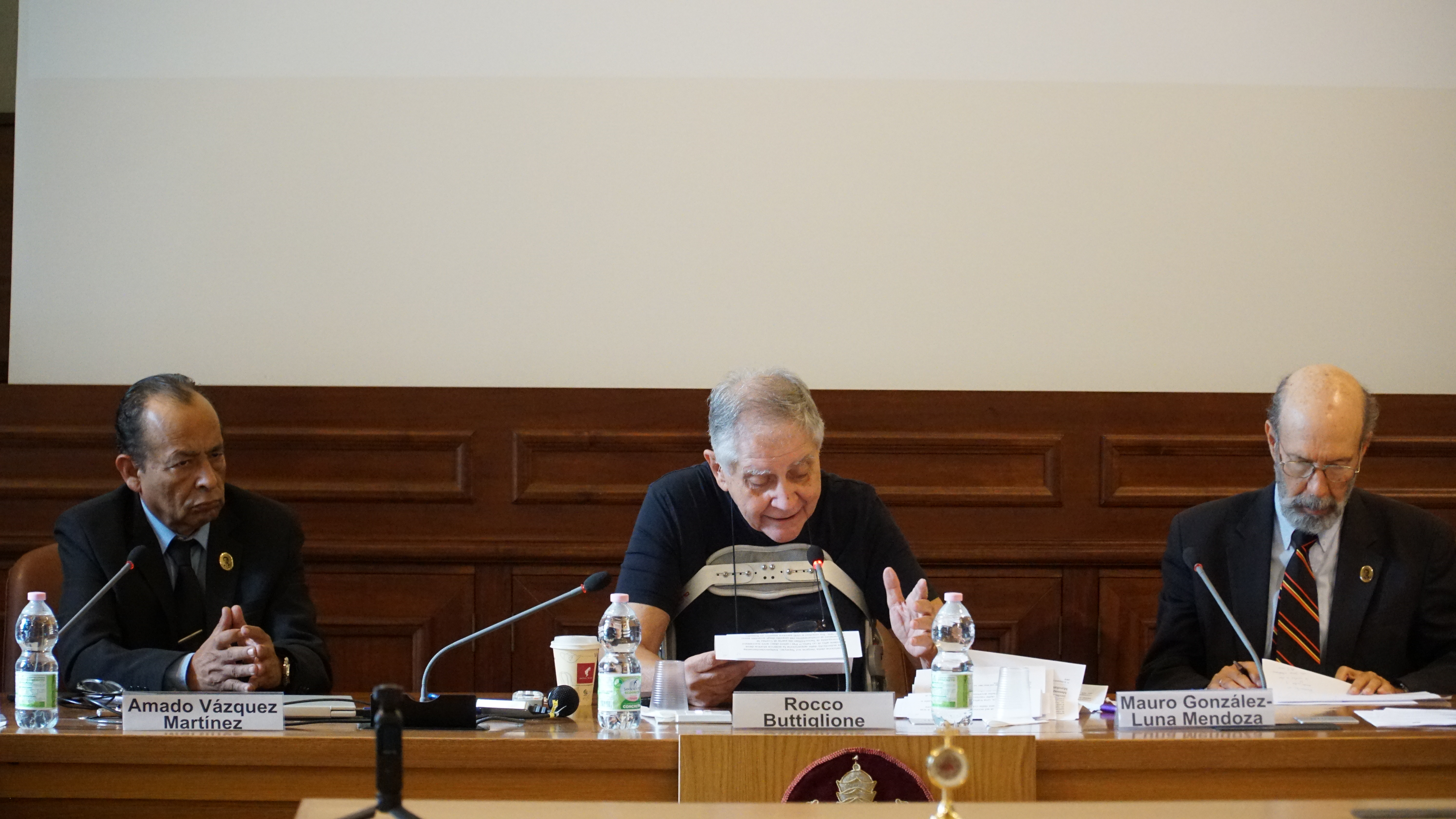 Italian Catholic politician Rocco Buttiglione, center, delivers remarks at the conference “Viva Cristo Rey! Centenary of the Cristero Epic” held at the Pontifical University of the Holy Cross in Rome on Oct. 8, 2026. | Credit: Photo courtesy of Diego Amado Vazquez Arreola/Cátedra Anacleto González Flores