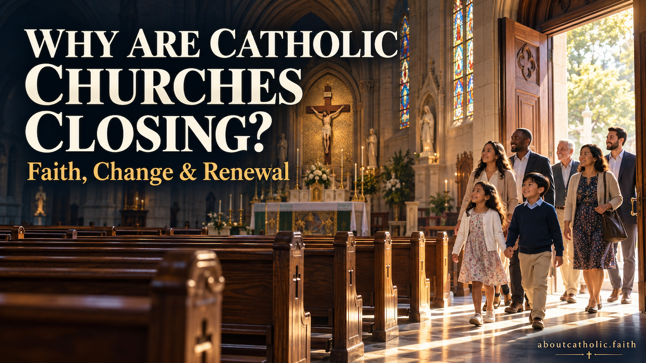 Illustration of a diverse parish community entering a Catholic church, with empty pews and a crucifix, representing parish change and renewal.