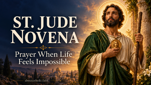 Devotional illustration of St. Jude in a green cloak holding a medallion of Jesus, with the title St. Jude Novena.