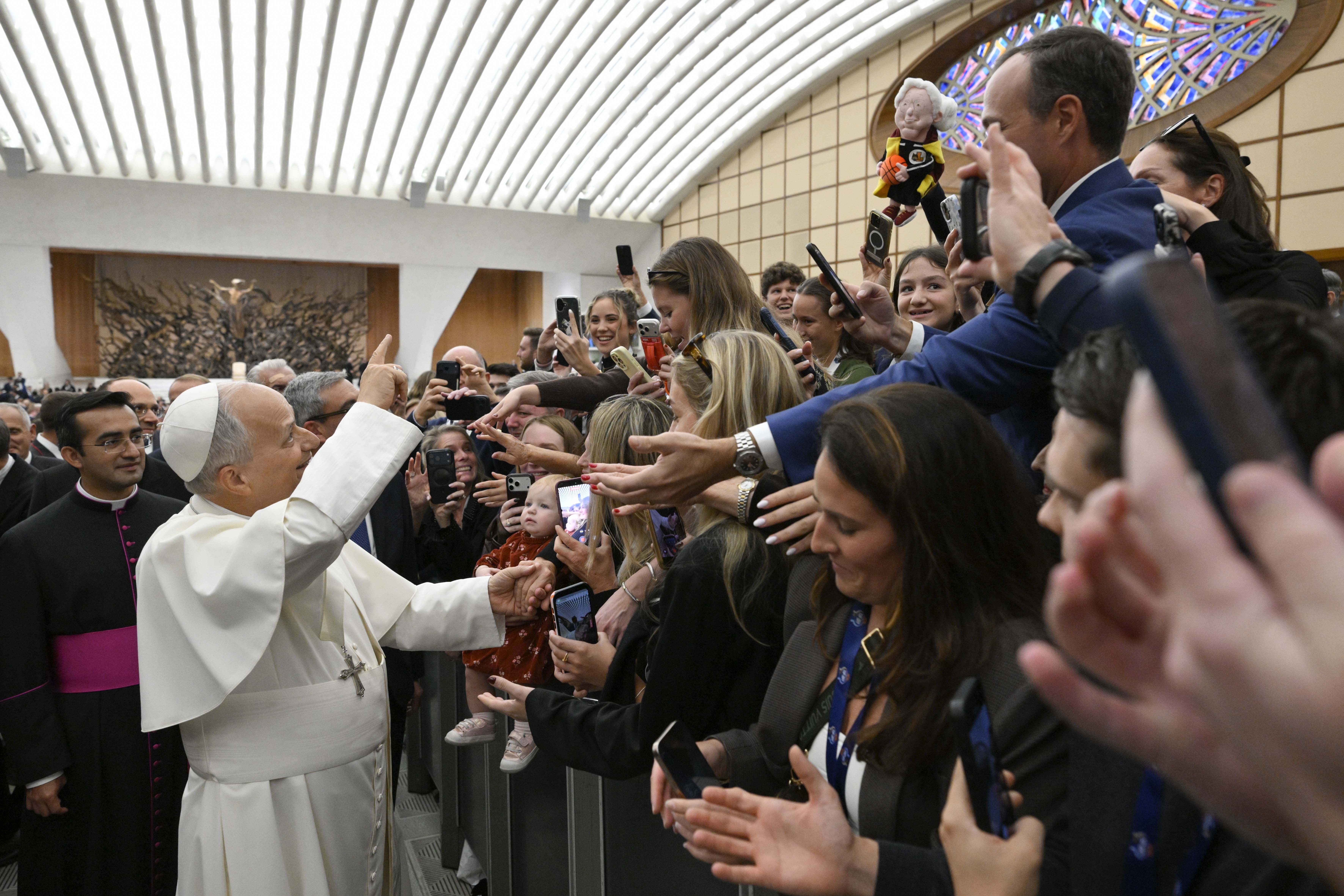 Pope Leo XIV greets visitors at the Vatican, Oct. 31, 2026. The Holy Father met with delegations from both Villanova and the University of Notre Dame ahead of the “Eternal City Tip-Off” taking place in Rome. | Credit: Vatican Media