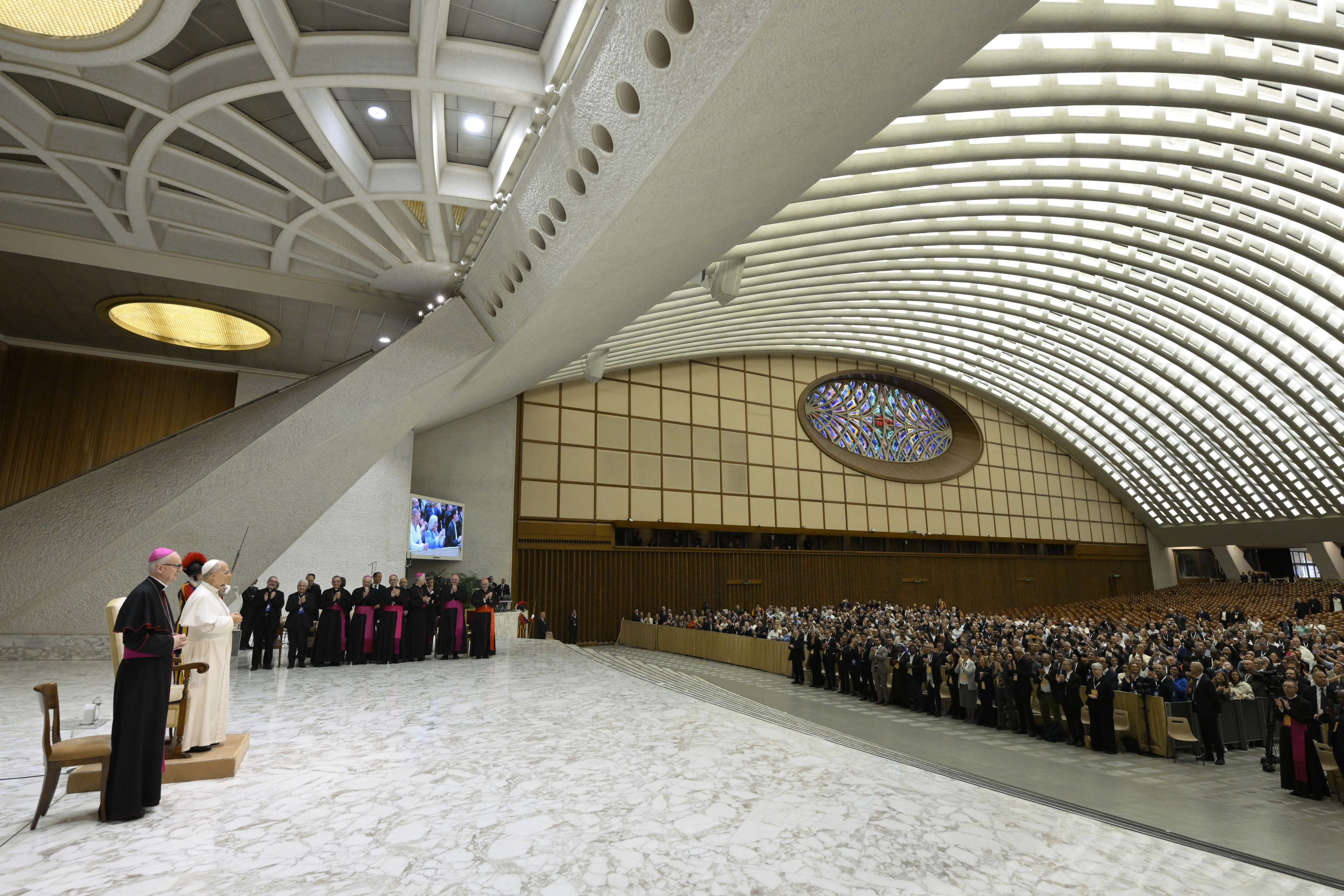 Pope Leo XIV addresses educators and others involved in pastoral ministry at schools about their role in helping young people face the “merciless” culture of comparison today, during the first day of a congress at the Vatican on Oct. 22, 2026. | Credit: Vatican Media