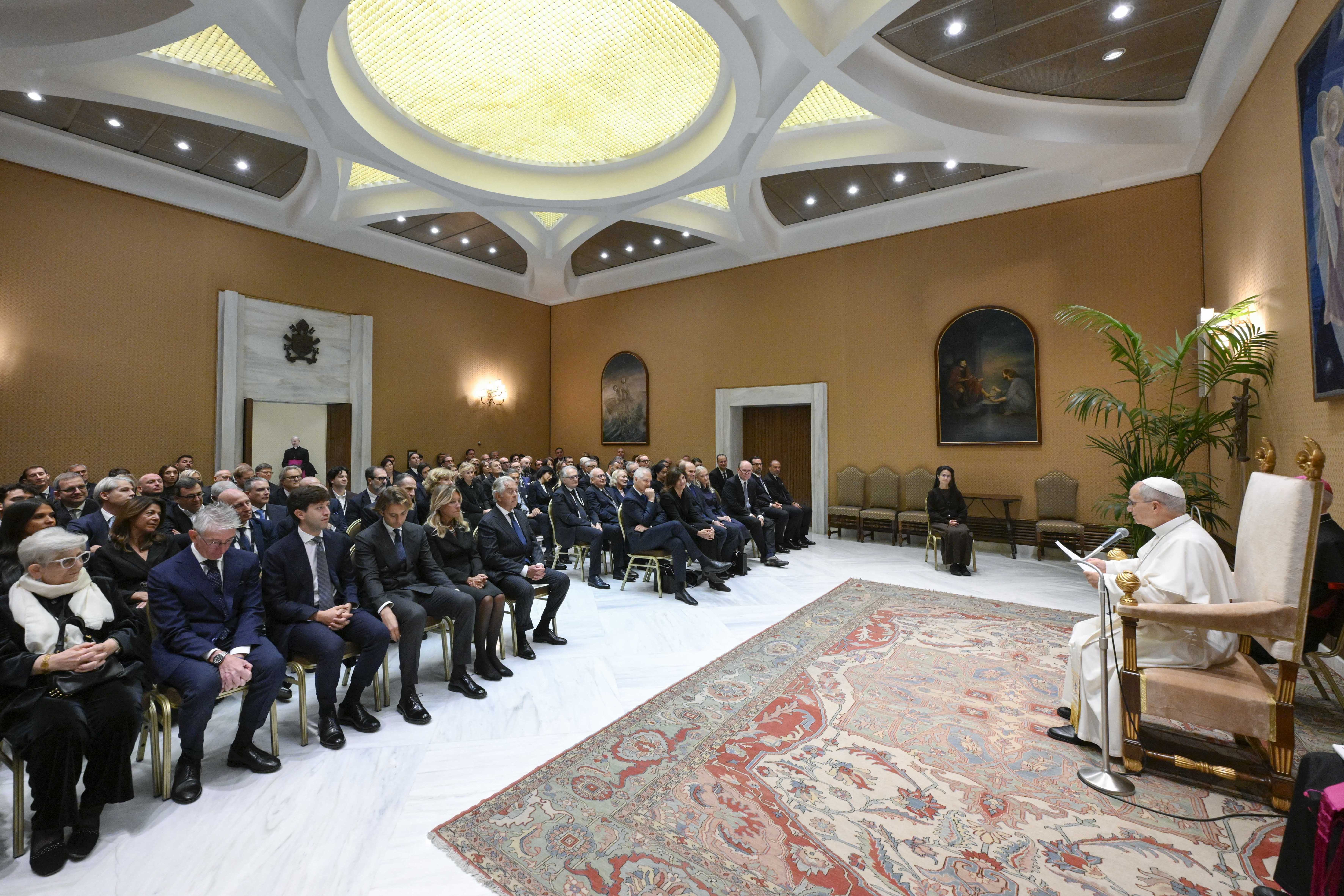 Pope Leo XIV addresses the executives of Mercedes-Benz during a private audience at the Apostolic Palace at the Vatican on Oct. 28, 2026. | Credit: Vatican Media