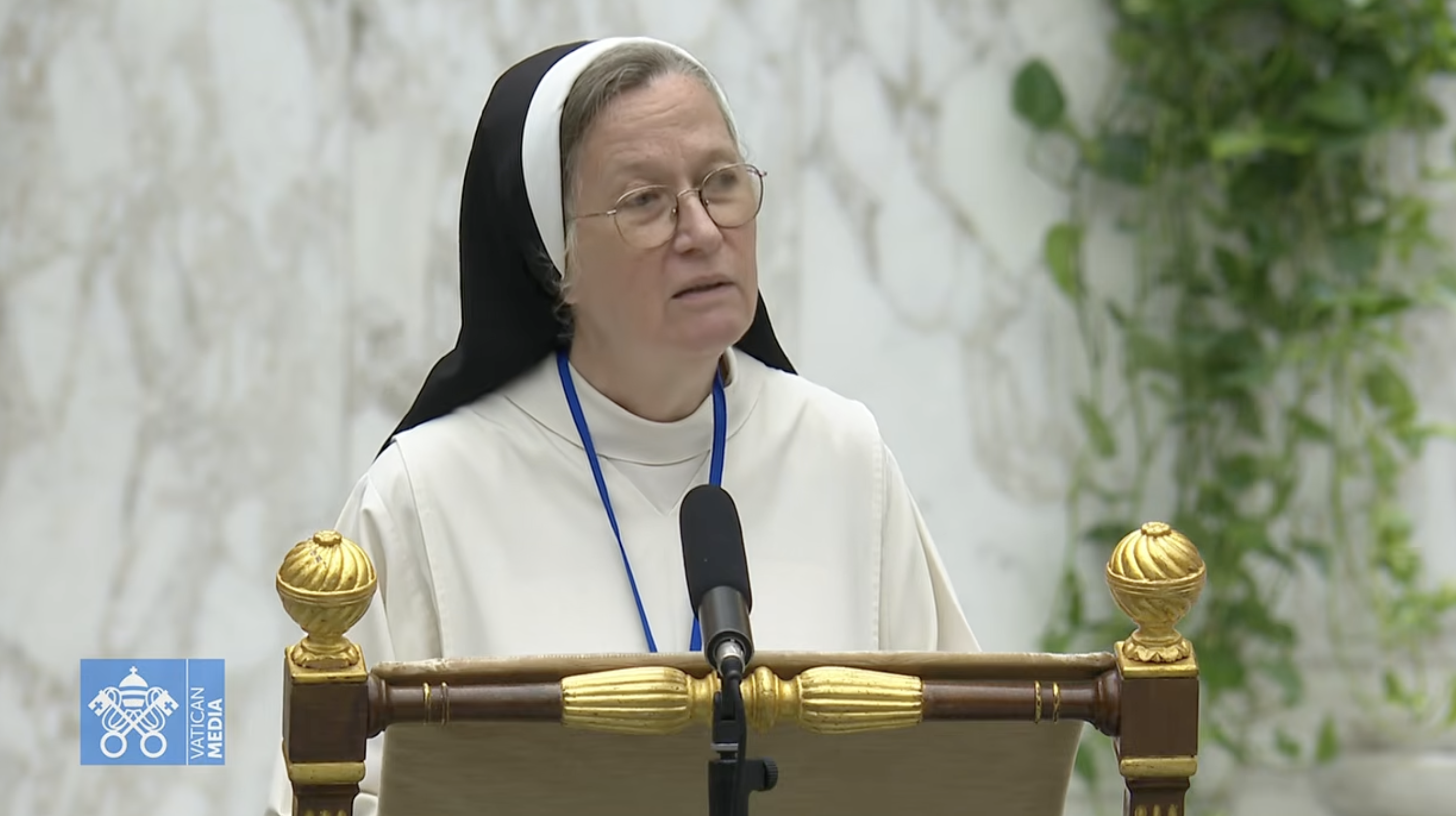 Sister Helen Alford, OP, delivers a meditation during the opening session of a weeklong meeting on Amoris Laetitia on Oct. 7, 2026, in the Vatican’s Paul VI Hall. | Credit: Vatican Media screenshot