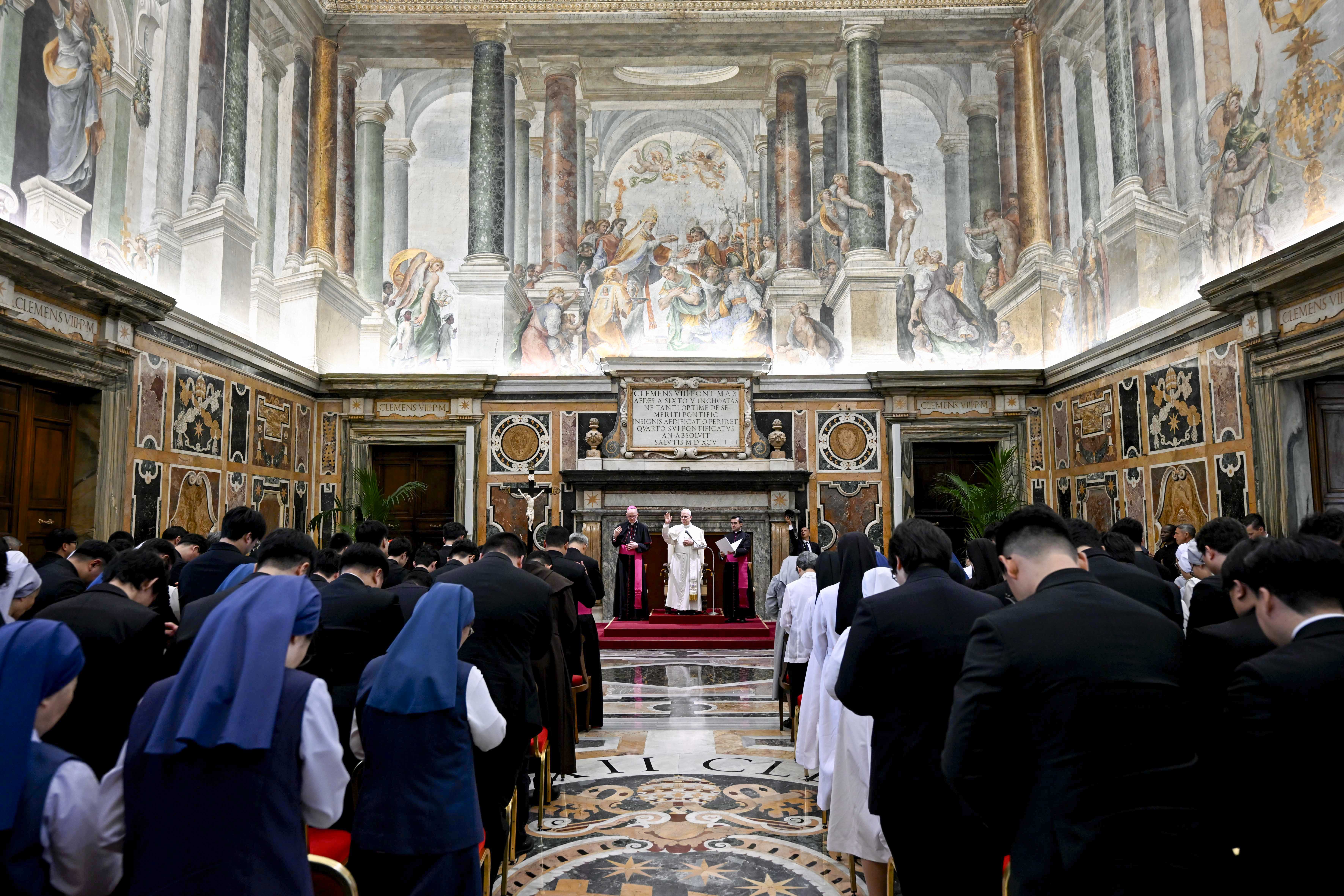 Pope Leo XIV gives his blessing during a private audience with Korean clergy and religious at the Apostolic Palace in the Vatican on Oct. 5, 2026. | Credit: Vatican Media