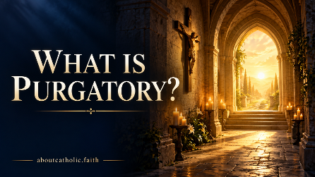 Symbolic illustration of a stone chapel opening toward golden light, with a crucifix and the title What Is Purgatory?