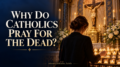 Devotional illustration of a woman lighting a candle before a crucifix, with the title Why Do Catholics Pray for the Dead?