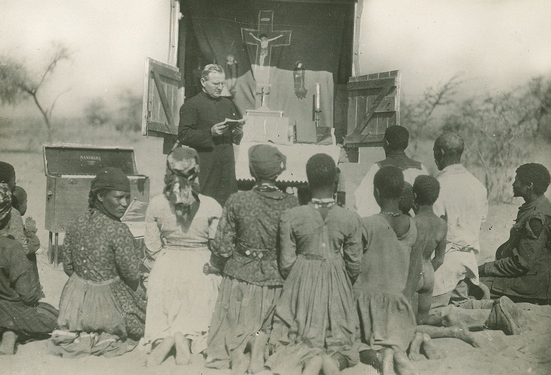 A missionary priest with a mobile chapel in Africa (undated). | Credit: Pontifical Mission Societies