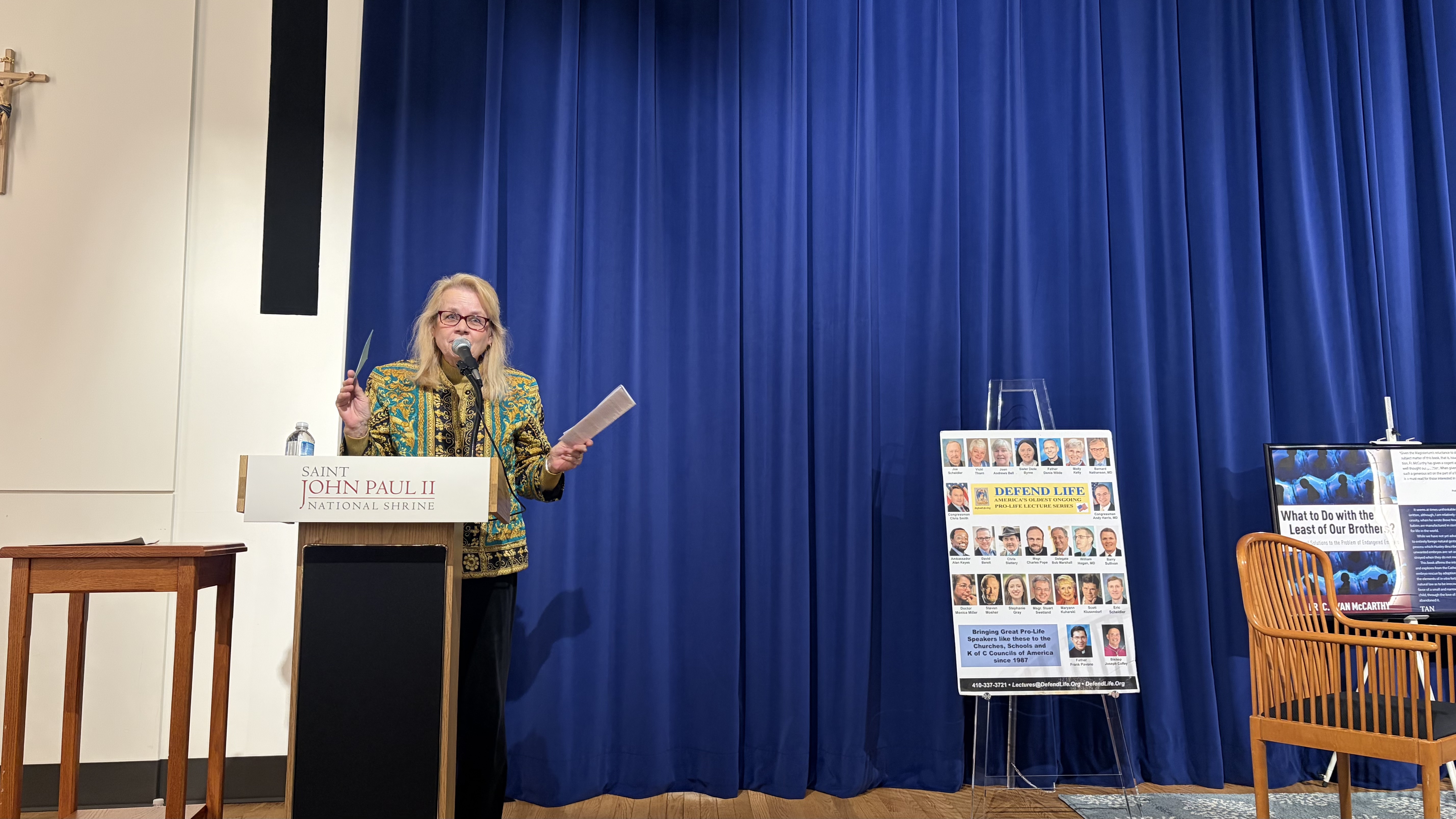 Elizabeth Rex, an associate scholar at the Charlotte Lozier Institute, argues in favor of embryo adoption during a debate at the John Paul II Shrine in Washington, D.C., Oct. 22, 2026. | Credit: Madalaine Elhabbal/EWTN News
