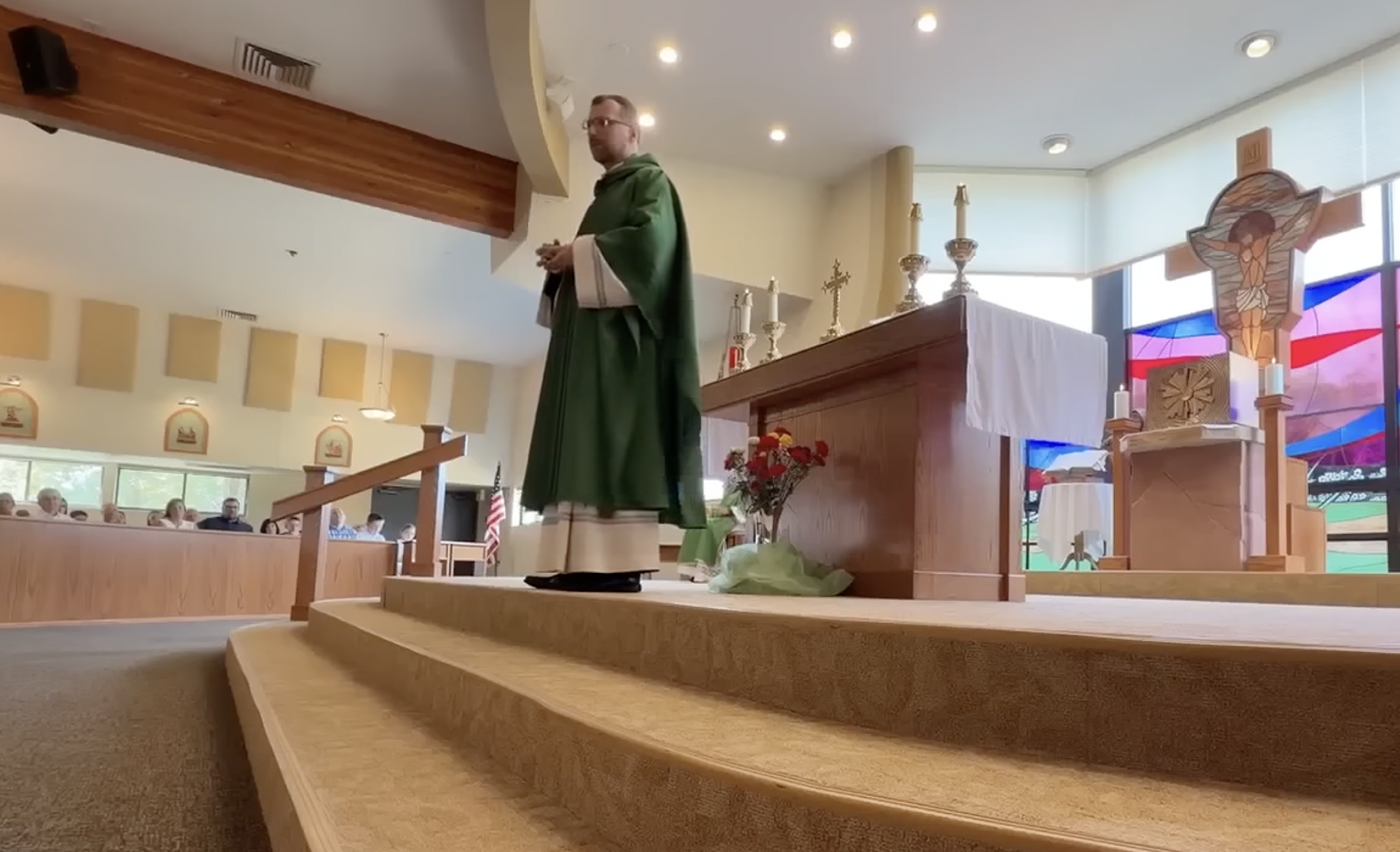 Father Witold Kaczmarzyk gives a Sunday homily at Christ on the Mountain Parish in Lakewood, Colorado. | Credit: Mike Castellucci/Denver 7 screenshot