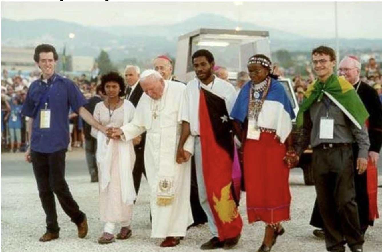 Pope John Paul II arrives at the campus of Tor Vergata University in Rome for World Youth Day with young people from each continent on Aug. 19, 2000. | Credit: Vatican Media