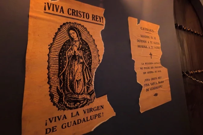 Reproductions of posters from the Cristero War are part of the exhibition “When Faith Challenged Power,” presented at the UPAEP Museum in Puebla, Mexico. | Credit: David Ramos/EWTN News