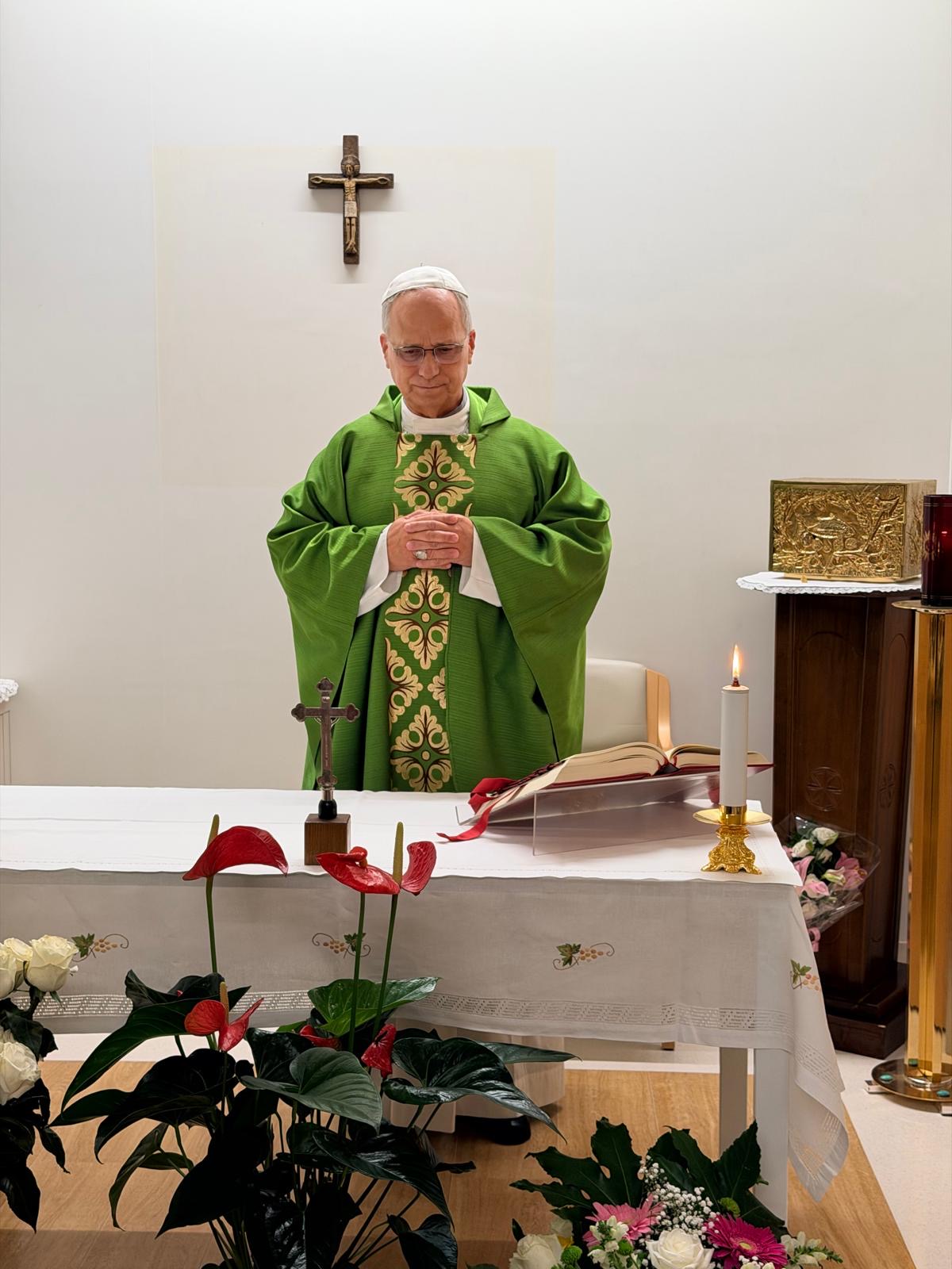 Pope Leo XIV celebrates Mass at Gemelli Hospital on Oct. 16, 2026, where he was admitted four days prior for surgery to remove a tumor from his right lung. | Credit: Vatican Media